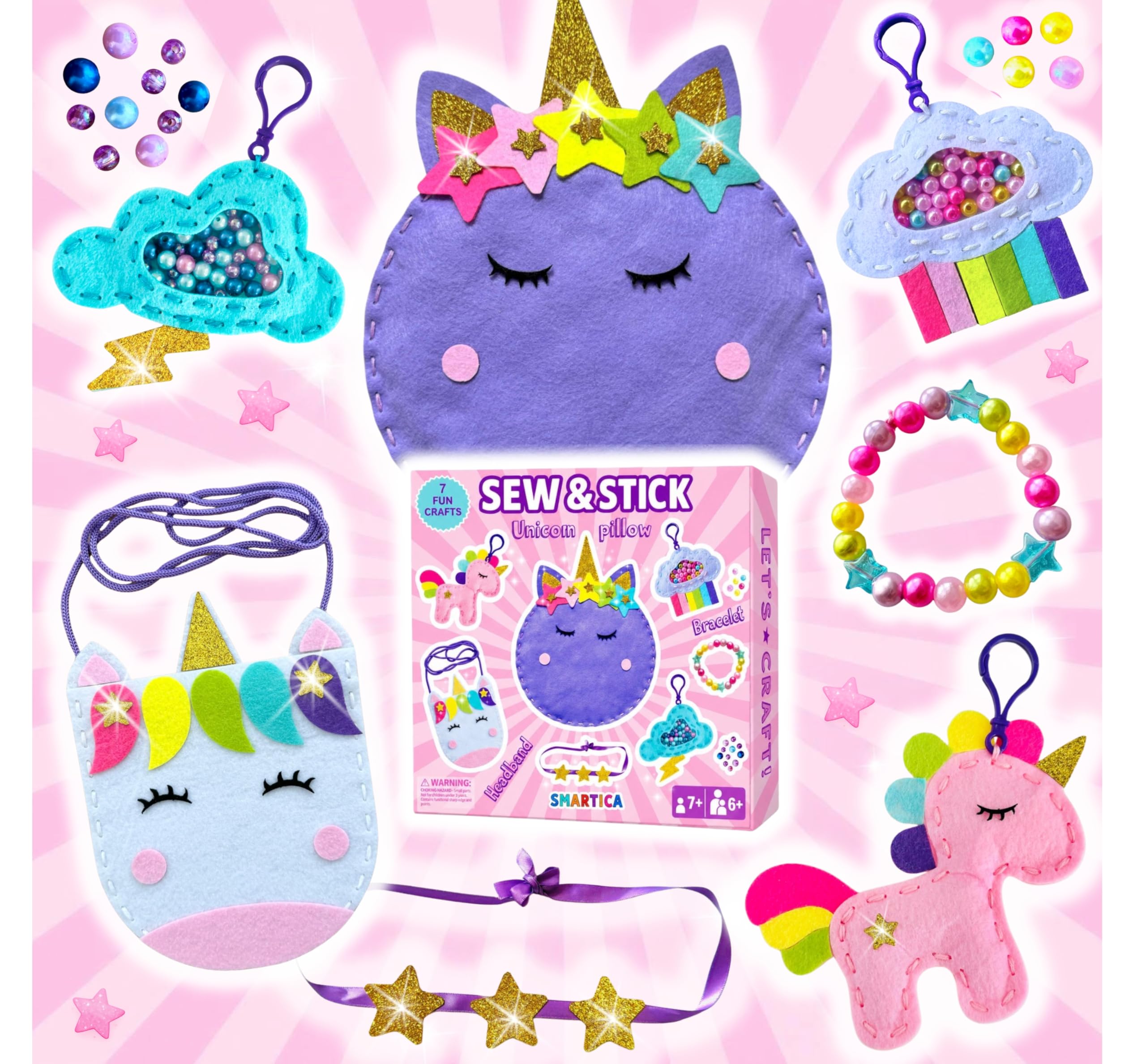 Sewing Kit for Kids Beginners - Creative Craft Gift for Girls age 6 7 8 9 10 -Learn to Sew Craft Kit -Unicorn Gifts for Girls -Make Your Own Unicorn Pillow Headband Bracelet Bag Keychains -Easy Sewing