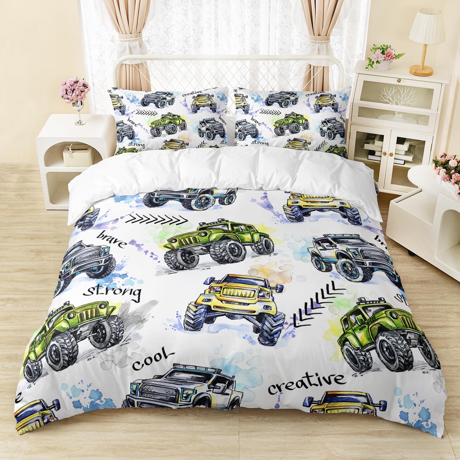 AILONEN Monster Trucks White Duvet Cover Set Queen Size, Tie Dye Truck Car Printed Bedding Set for Kids,Boys,Extreme Sports Comforter Cover,3-Piece, 1 Quilt Cover and 2 Pillowcases
