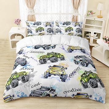 AILONEN Monster Trucks White Duvet Cover Set Twin Size, Tie Dye Truck Car Printed Bedding Set for Kids,Boys,Extreme Sports Comforter Cover,3-Piece, 1 Quilt Cover and 2 Pillowcases
