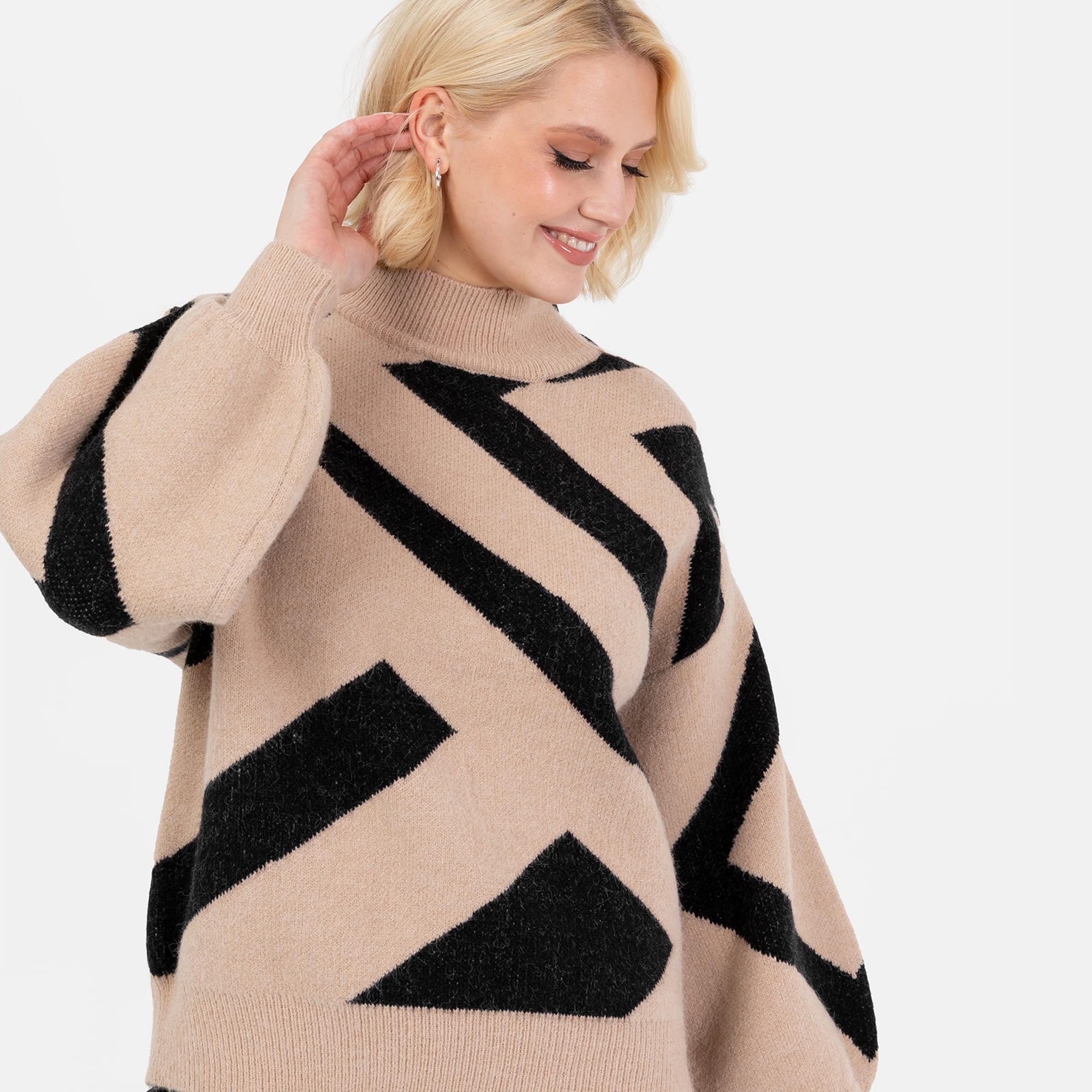 Lovedrobe Women's Jumper Ladies High Neck Long Balloon Sleeve Sweater Geometric Jacquard Button Detail Casual Knitwear Pullover