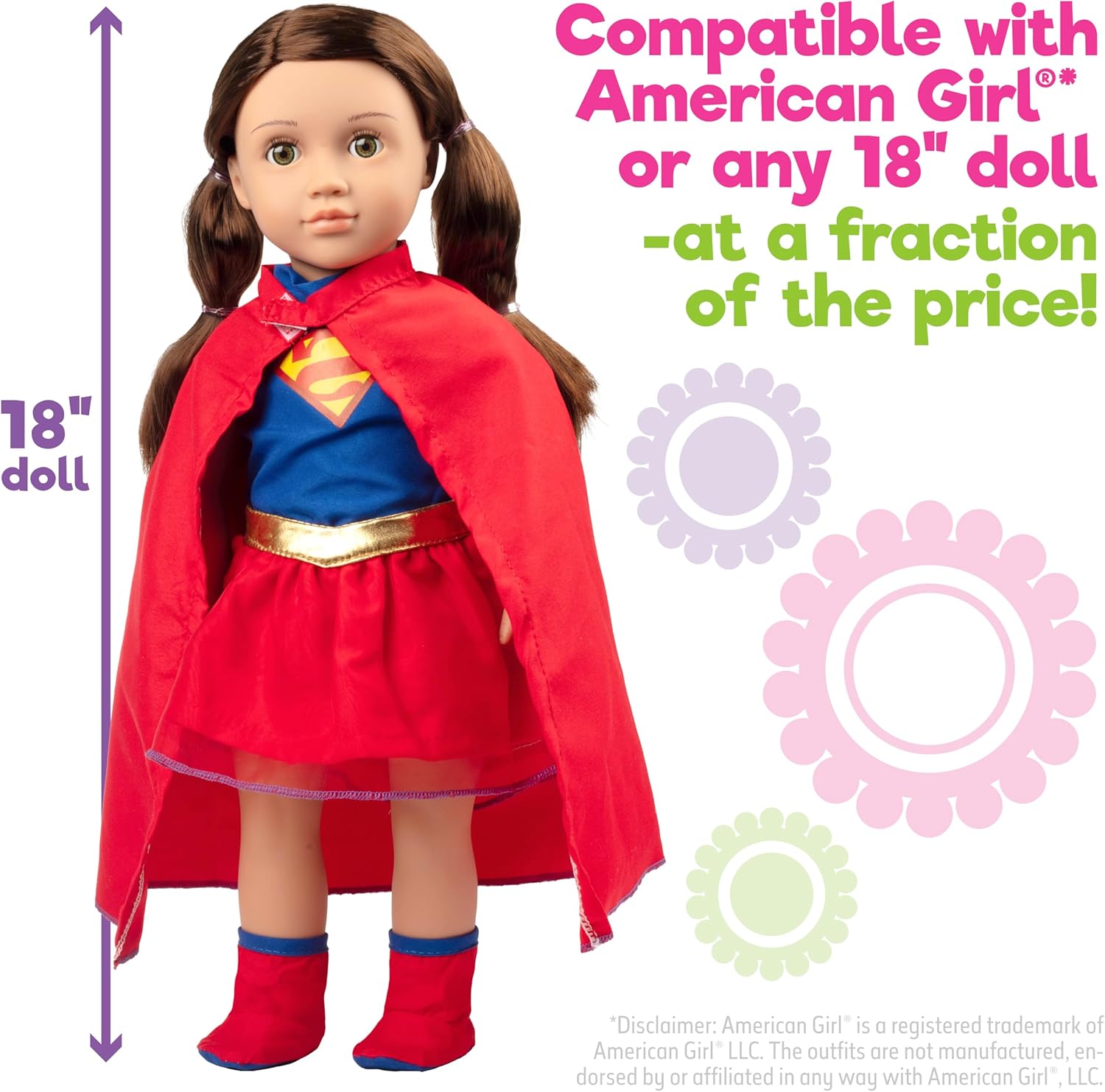 Dress Along Dolly 3pc Super Hero Girl 18" Doll Outfit-Compatible with American Girl- Premium Handmade Clothes & Accessories Set Includes Dress, Shoes, Cape- Movie and Comics Gift