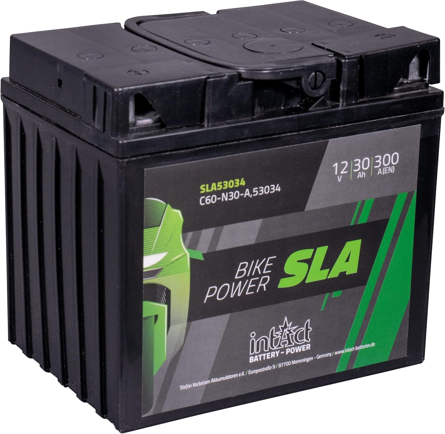 intAct - AGM BATTERIE MOTOCYCLE | Batterie pour scooter, moto, quad, etc. Batterie sans entretien & anti-fuite | SLA53034, C60-N30-A, 53034, batterie 12V, 30 AH (c20), 300 A (EN) | Dim: 178x124x166mm