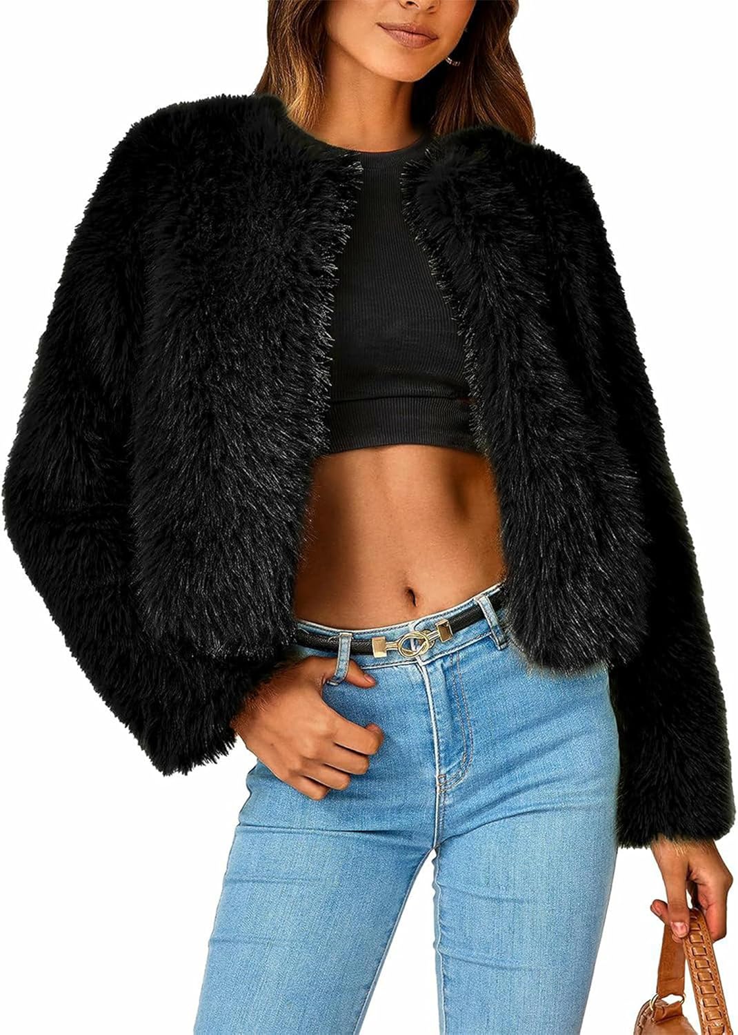 Fur Skirt Shiyifa Women's Cropped Faux Fur Jacket Fluffy Open