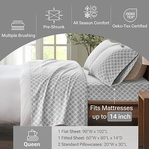 Miniatura 4 de Sleep Philosophy - Juego de sábanas True North de franela de 100 % algodón, ultrasuaves y acogedoras para clima frío, diseño geométrico gris, tamaño