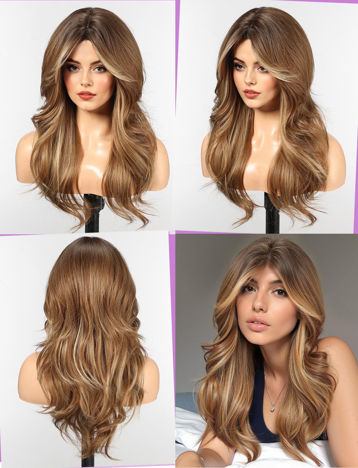 WOKESTAR Natural Long Wigs for Women with Fringe Synthetic Heat Resistant Hair Mixed Brown Wig for Daily Party Cosplay Use - Image 3