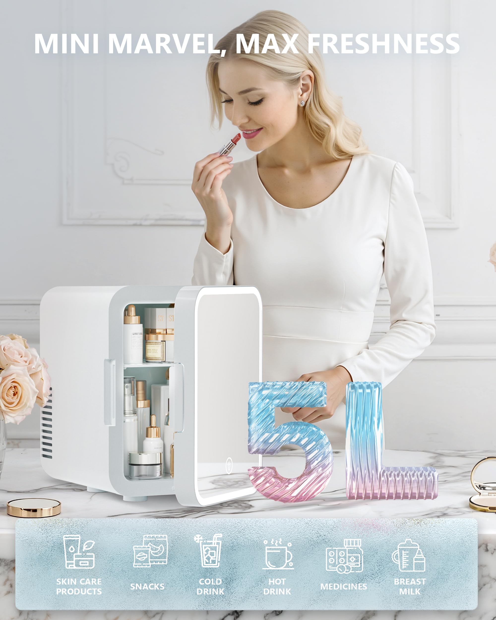 EUHOMY Skincare Fridge, 5 Liter Mini Fridge for Bedroom with Dimmable LED Mirror, AC/DC Portable Cooler & Warmer for Skincare, Cosmetics and Food, Makeup Fridge for Bedroom, Car & Office, White