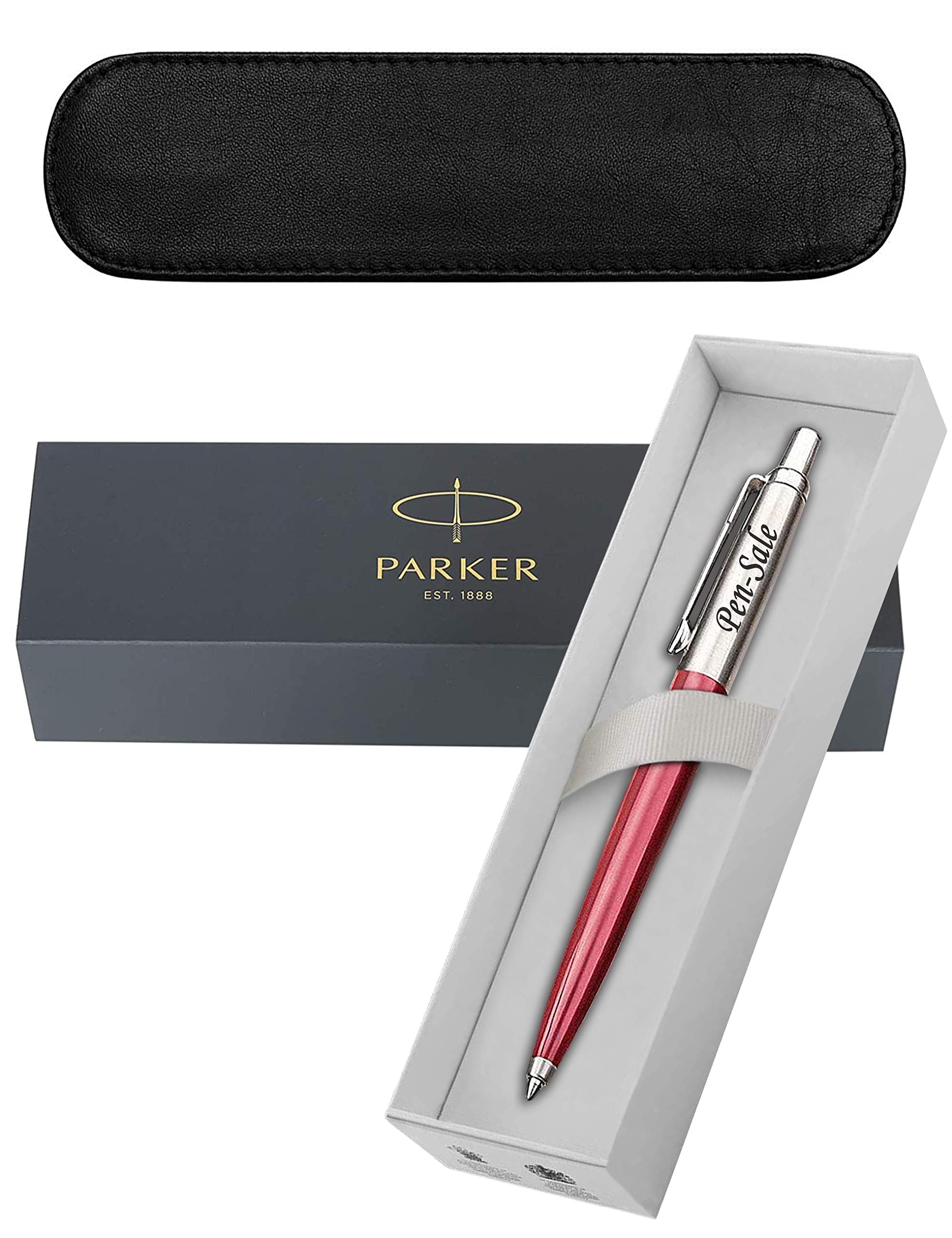 Personalised Engraved Parker Jotter Black/Blue/Red, Choice of Blue or Black Ink, Ballpoint Pen Gift Boxed with a Classy Genuine Leather Pen Slip - Enter Your Custom Text (Jotter Red with Black Ink)