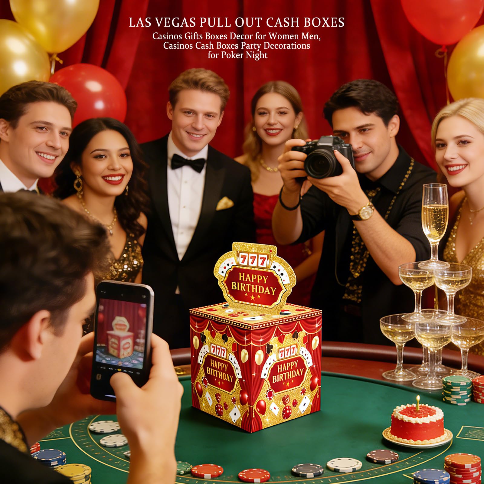 Casino Money Box for Cash Gift Pull, Surprise Exploding Pop Up Gift Box for Birthday, Funny Slot Machine Gifts & Gambling Gifts for Men Women, Las Vegas Poker Theme Party Decorations