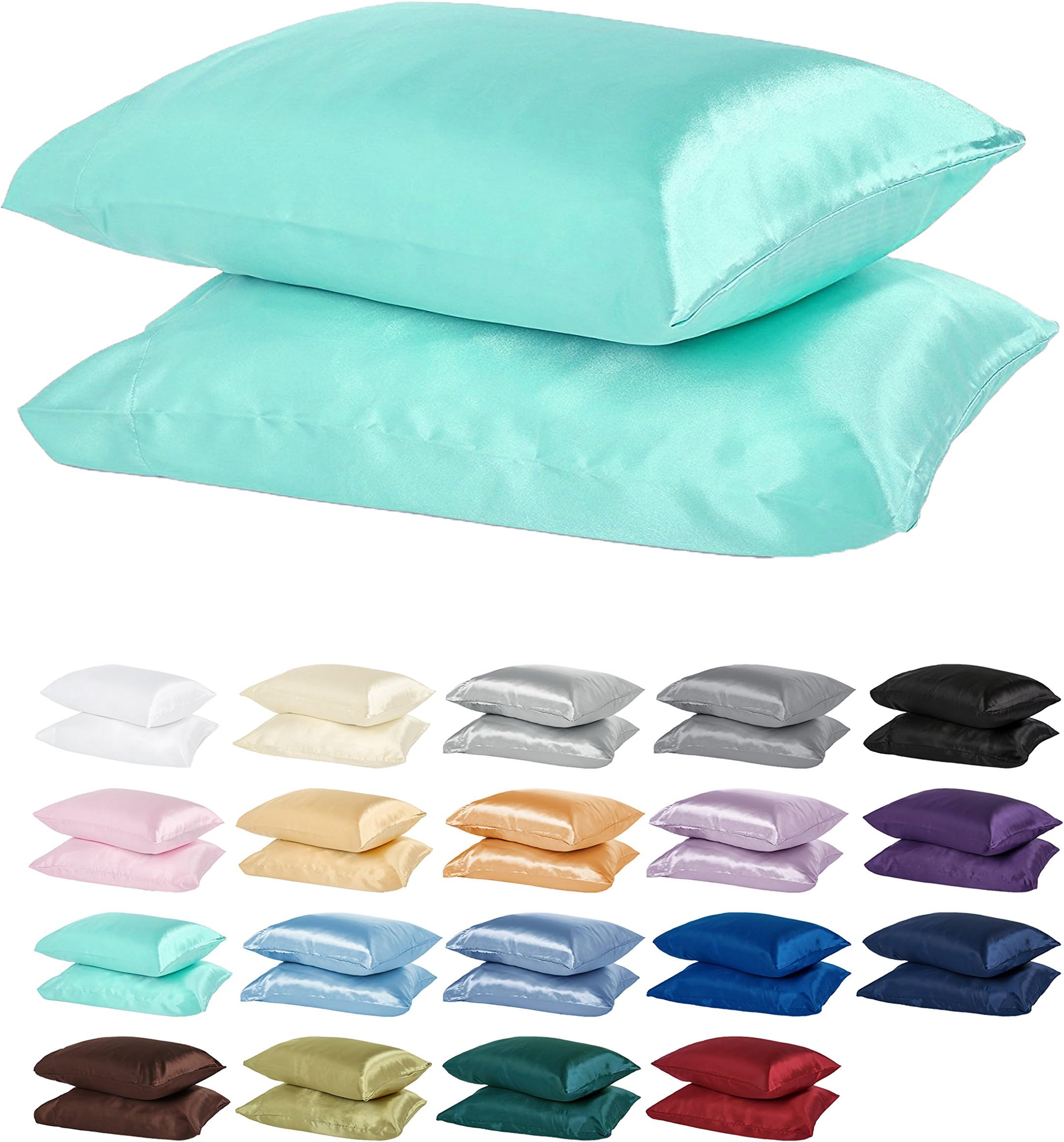 DreamHome Satin Pillow Case with Zipper, 2 Pillow Cases (Standard, Aqua)