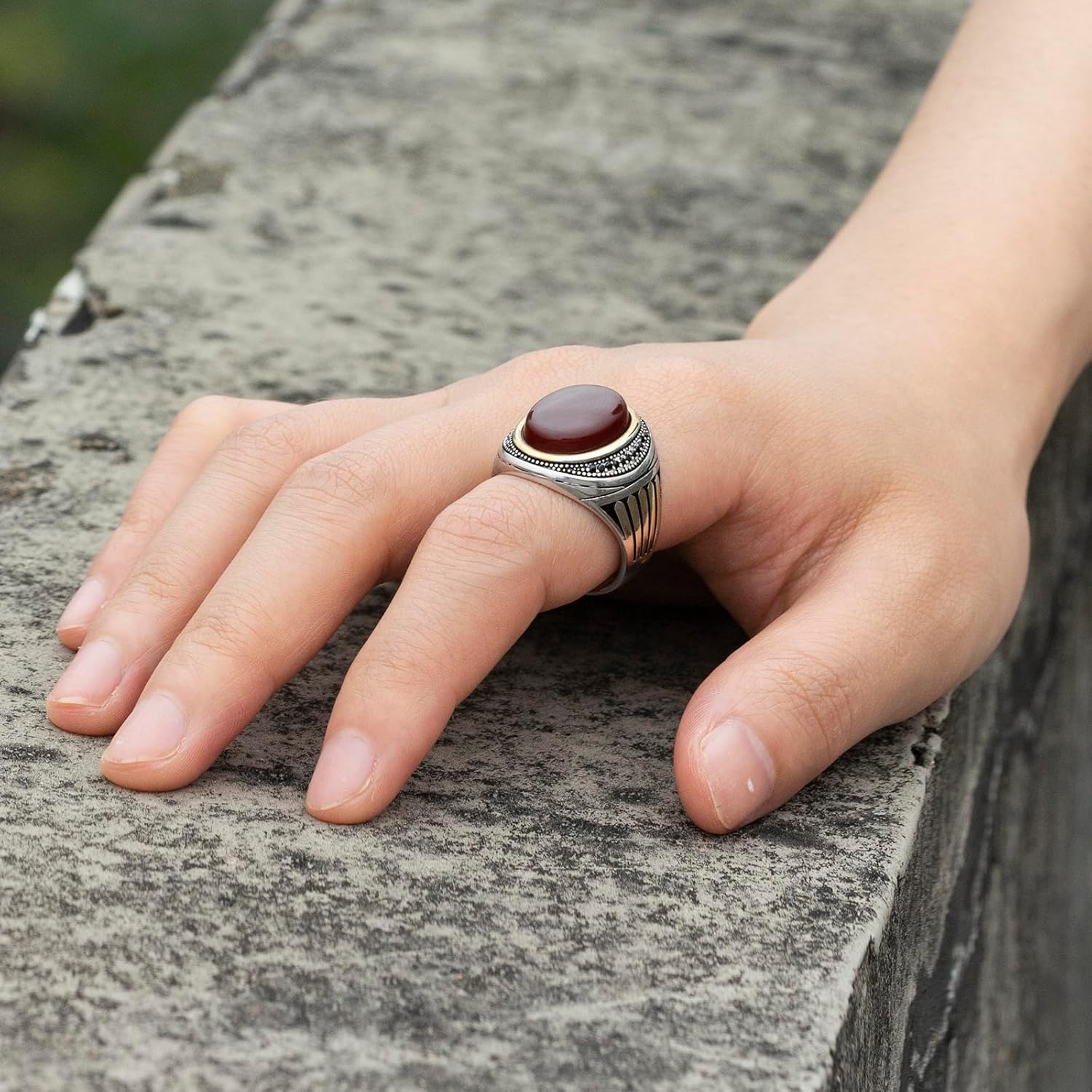 925 Sterling Silver Men's Ring Natural Red Onyx Ring for Men Fashion Signet Rings with Natural Red Agate Stone Turkish Cool Handmade Luxury Jewelry Gift for Him - Image 5