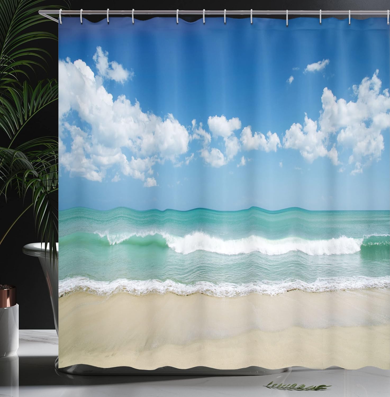Lunarable Modern Shower Curtain, Sandy Beach with Open Skyline in The Island Coastal Peaceful Holiday Print, Cloth Fabric Bathroom Decor Set with Hooks, 105" Extra Wide, Turquoise Cream