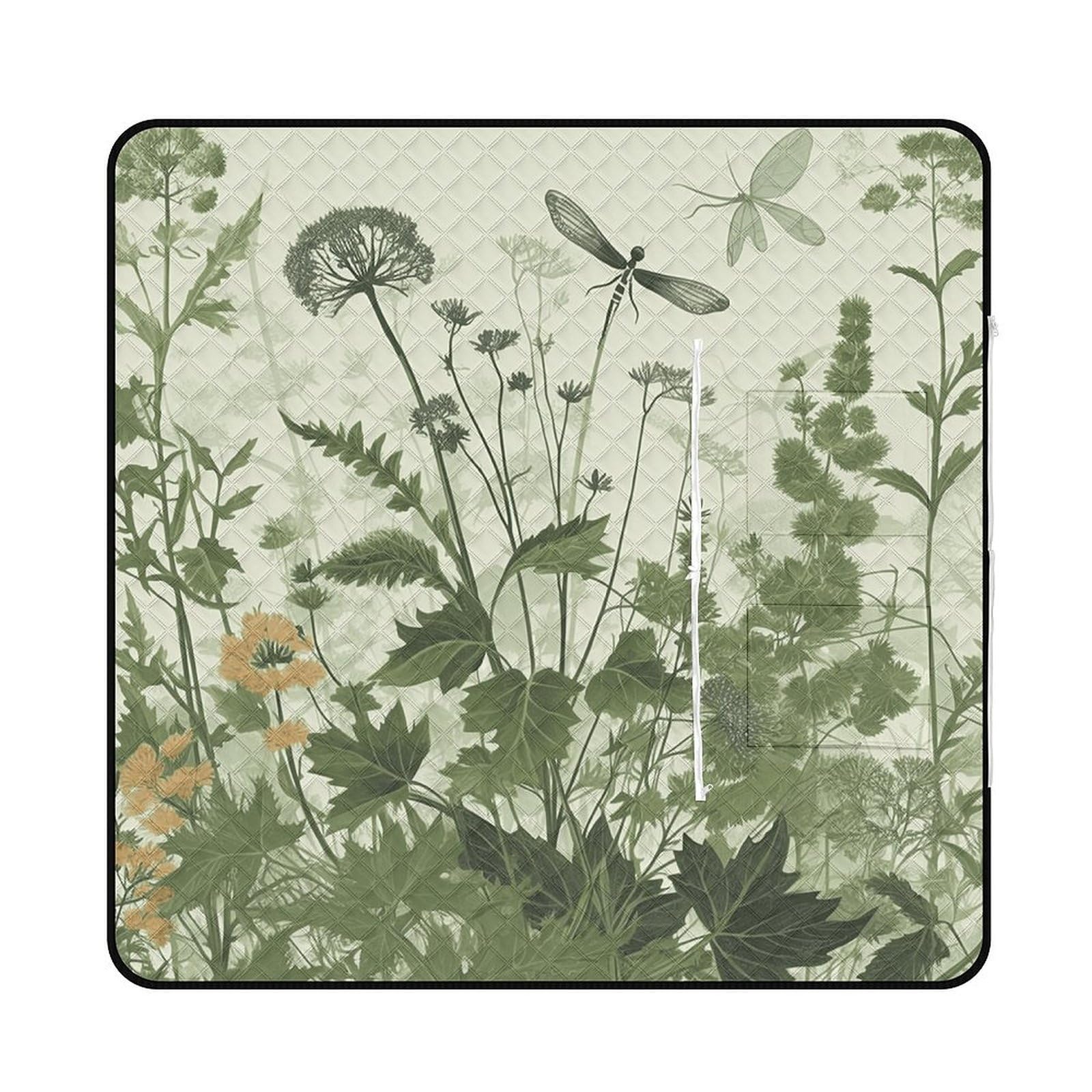 Foliage And Herbs with Dragonflies Winged Picnic Mat 150x150cm Extra Large Picnic Blanket with Zipper Waterproof Sandproof Beach Blanket Portable Beach Mat Foldable Camping Blankets for Park Grass Law