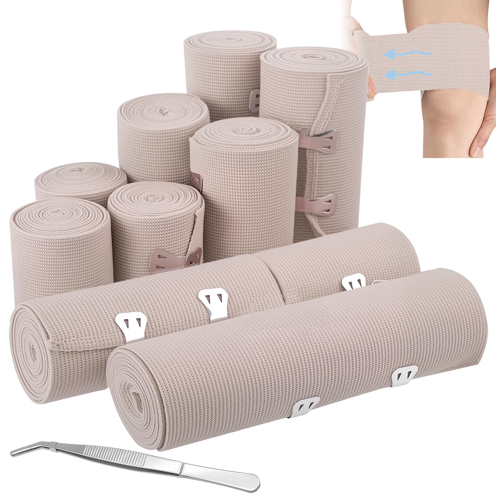 Set de 10 Vendas Elásticas de Compresión, 4 Tamaños (5/7,5/10/15 cm), Vendaje Elástico Lavable con Clip Metálico, Ideal para Muñeca, Tobillo, Rodilla y Primeros Auxilios
