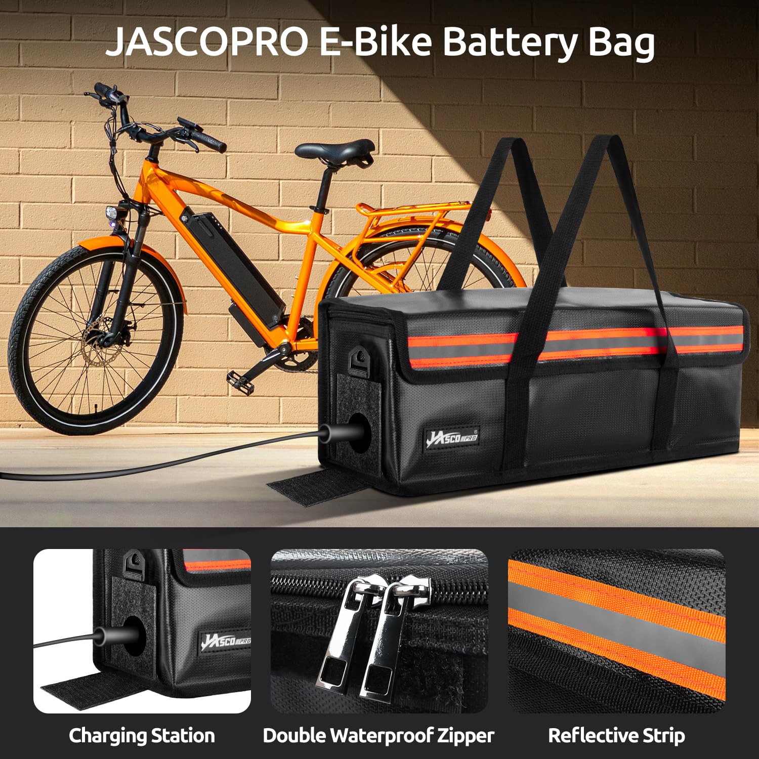 JASCOPRO Ebike Akku Tasche, 8 Schichten Brandschutz Feuerfest Akkutasche bis 2300°C, Lipo Tasche Explosionsgeschützte Brandschutzbox Wasserdicht für Lagerung Transport Aufladung, 41 * 13 * 14cm (M)
