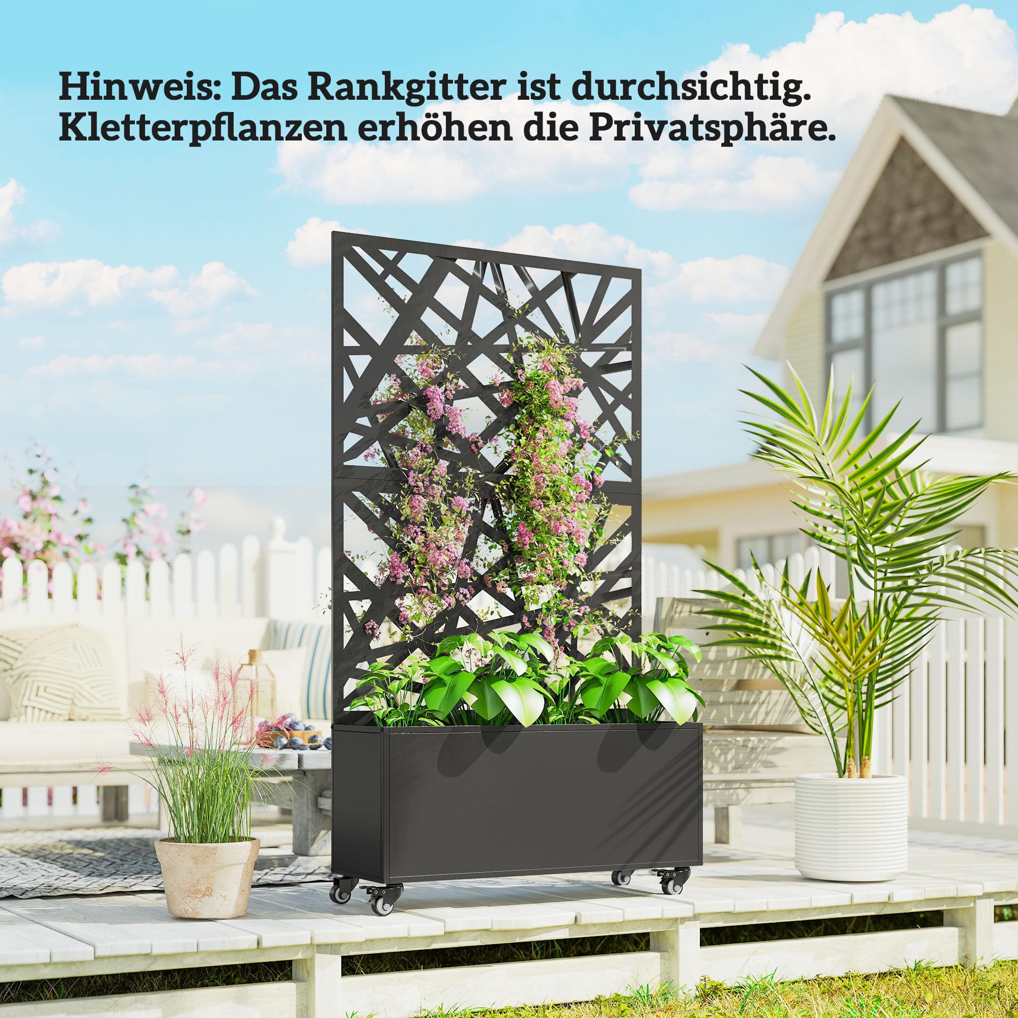 Outsunny Blumenkasten mit Sichtschutz Rankgitter 90 x 30 x 160 cm Schwarz | Pflanzkasten, Rolle, Pflanzkübel aus Metall, Blumenkübel, Rankkasten, Rankhilfe, für Garten, Balkon, Terrasse