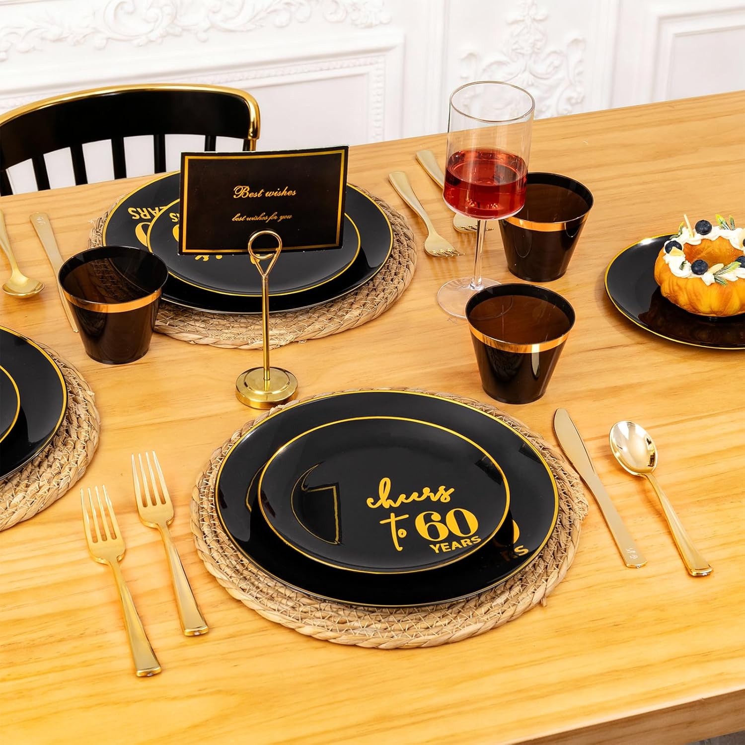 U-QE 20 Guests Black Plastic Birthday Plates - Include 60th Birthday Plates and Napkins, Gold Silverware, Gold Plastic Cups - Back in 1965 Party Plates for Men Women Cheers to 60 Years
