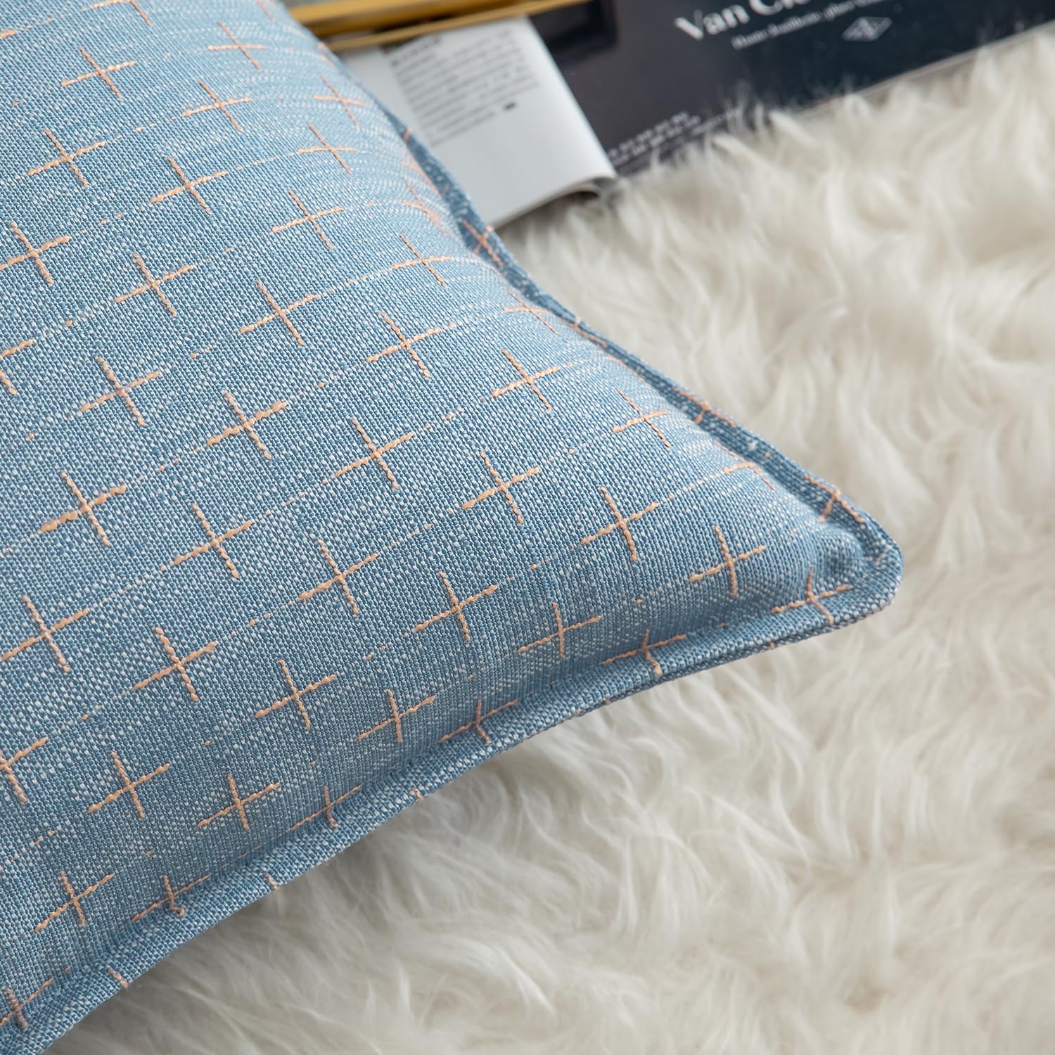 Mandioo Pack of 2 Burlap Linen Cushion Covers Woven Textured Modern Farmhouse Throw Pillow Cases Decorative Couch Sofa Bed Living Room 16 x 16 Inch 40x40 cm Blue - Image 2