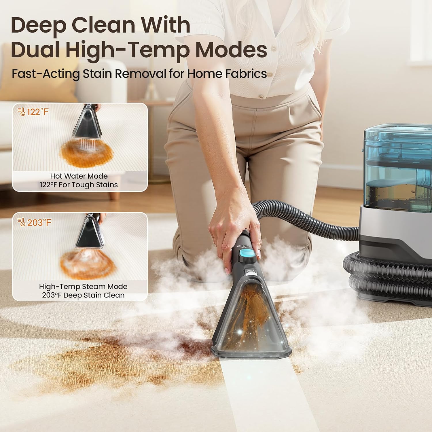 Portable Steam Carpet Cleaner, 203°F High Temp Steam & 18,000Pa Suction, Deep photo 2