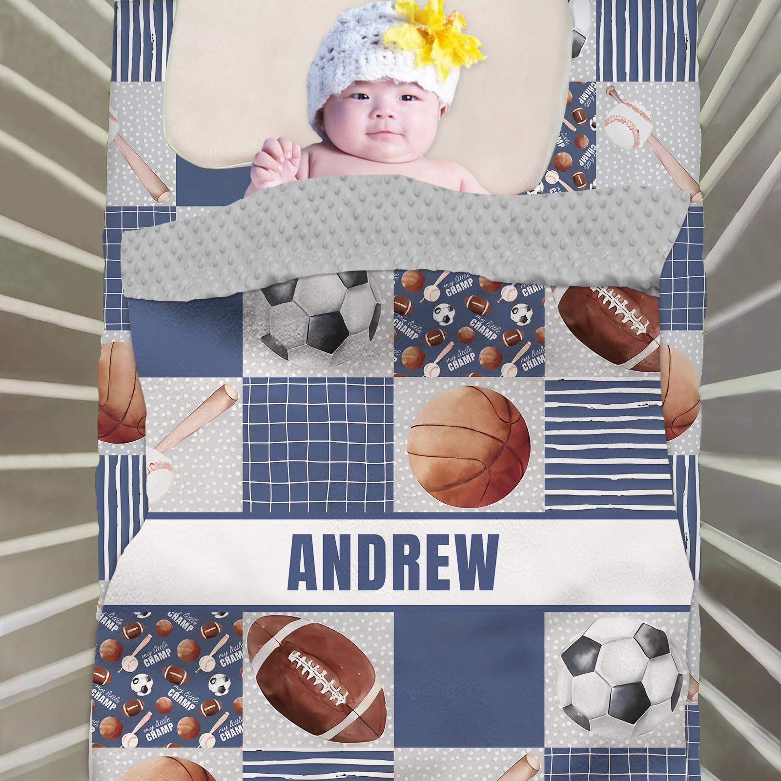 Noverbibi Personalized Baby Crib Bedding Sets for Boys Girls, Custom Crib Bedding Set with Name, 2 Piece Sports Theme Nursery Bedding, Name Crib Comforter, Crib Fitted Sheets for Newborn Babies