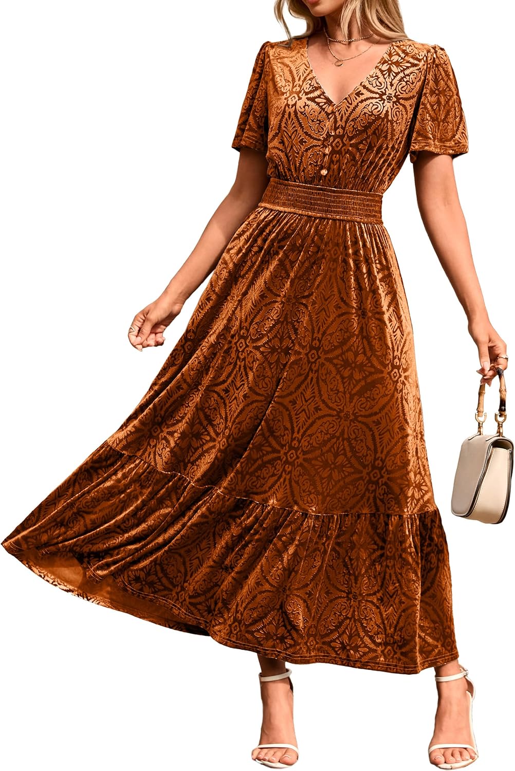 Simplee Womens Fall Velvet Dress Short Sleeve V Neck Floral Maxi Dress Long Formal Winter Wedding Guest Dresses