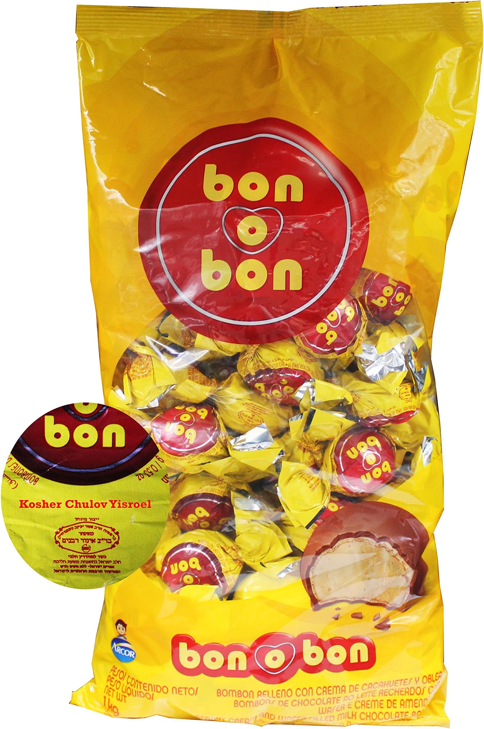 Arcor Bon O Bon Peanut Cream and Wafer Filled Milk Chocolate Bonbons Special Kosher-dairy Chulov Yisroel Production (Bag of 58)