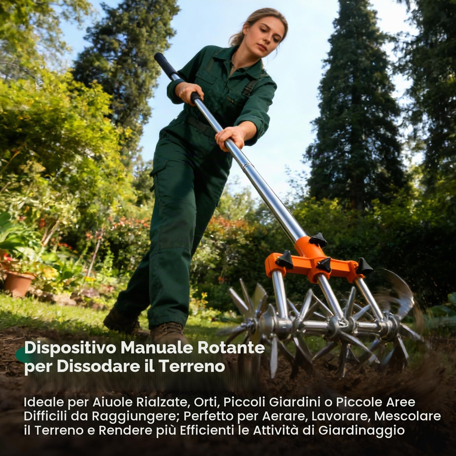Coltivatore Rotante, Coltivatore da Giardino in Acciaio Inossidabile con Manico Estensibile lungo 173 cm Coltivatores a Stella da Giardino con Denti Rimovibili per la Miscelazione del Terreno