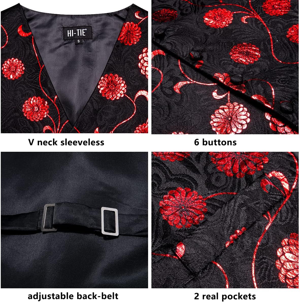 Hi-Tie Mens Silk Suit Vest Jacquard 5PCS Necktie Pocket Square Cufflinks Lapel Pin Formal Wedding Tuxedo - Image 5