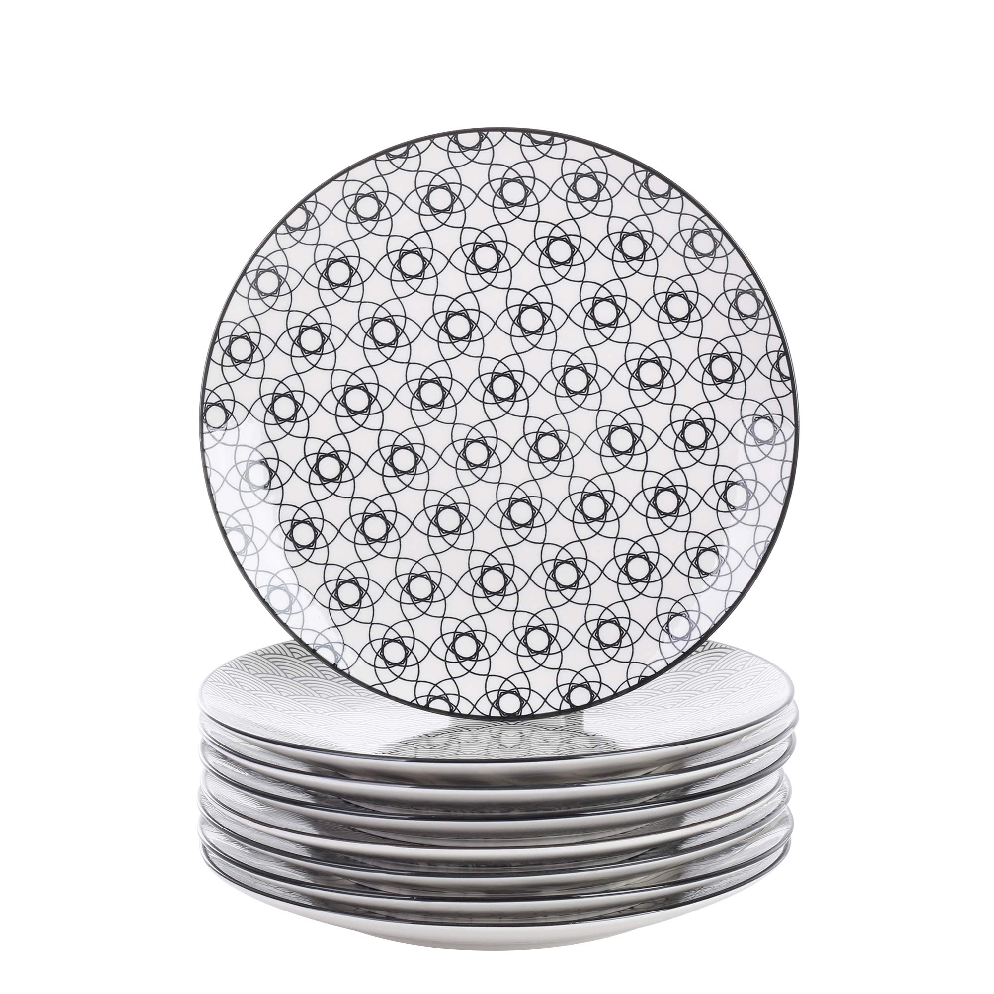 vancasso, Series Haruka, Porcelain Dinner Plates, 8 Pieces Porcelain Ceramic 10.5 Inches Round Pasta Dishes Main Course Plates - Black and White