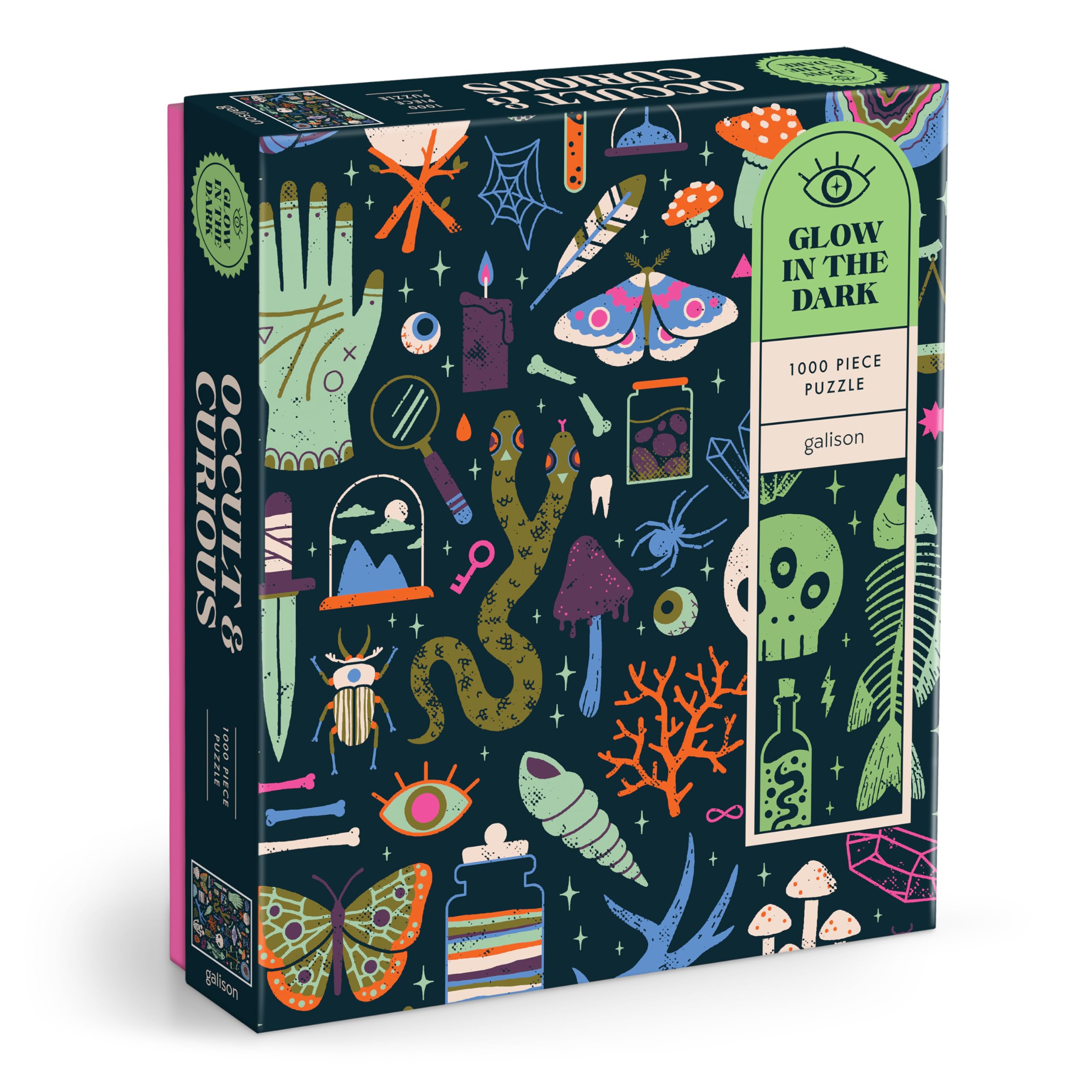 Galison Occult and Curious – 1000 Piece Glow in The Dark Jigsaw Puzzle Featuring an Eerie Collection of Creepy and Spooky Objects