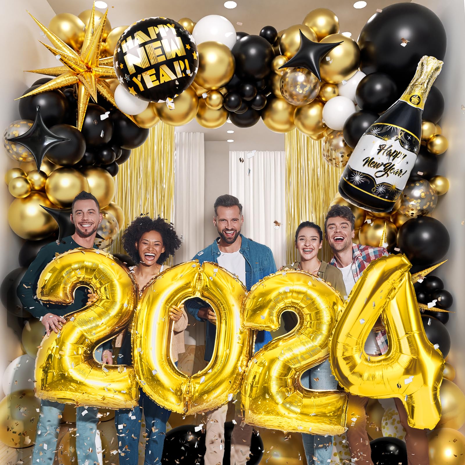 132Pcs Black Gold Silver Balloon Arch BSL1 Garland Kit Years Eve Party Decorations Explosion Star Champagne Bottle Foil Balloons 2024 Happy Year