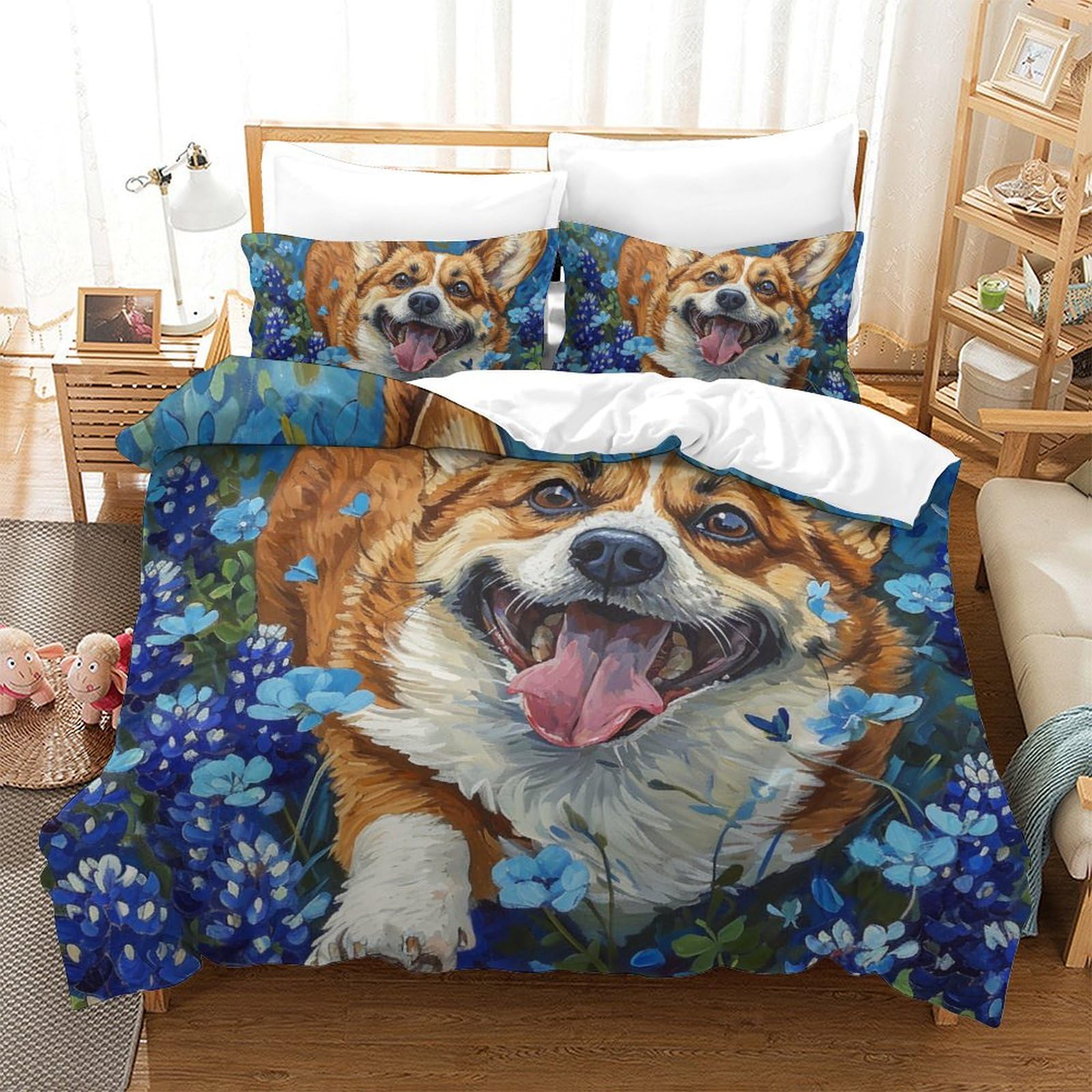 Parure de lit Corgi 200x200 avec fermeture éclair, housse couette microfibre 3D