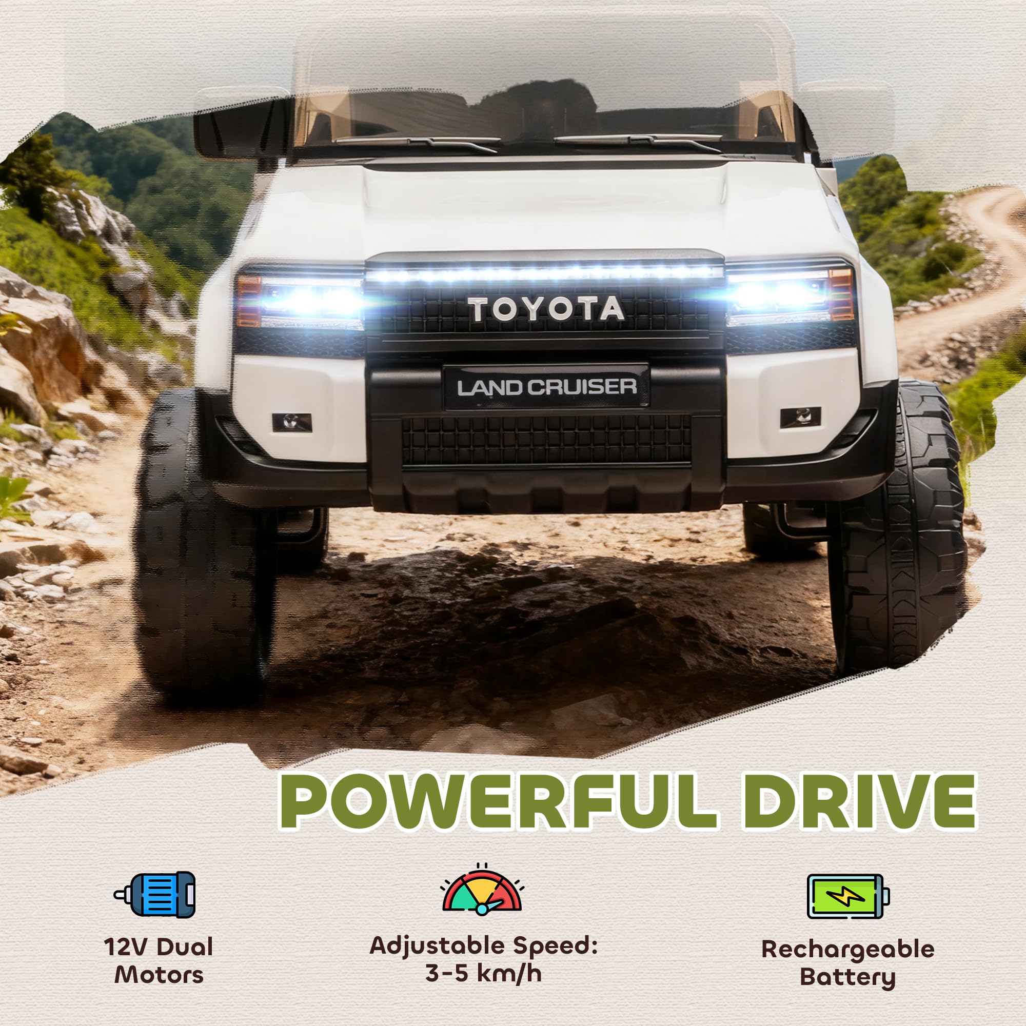 AIYAPLAY TOYOTA Land Cruiser Coche Eléctrico para Niños 3-8 Años, 12V 3-5 km/h Coche Eléctrico para Niños con 2 Motores, Suspensión, Mando a Distancia, Cinturón de 3 Puntos, Bluetooth, USB, Música,
