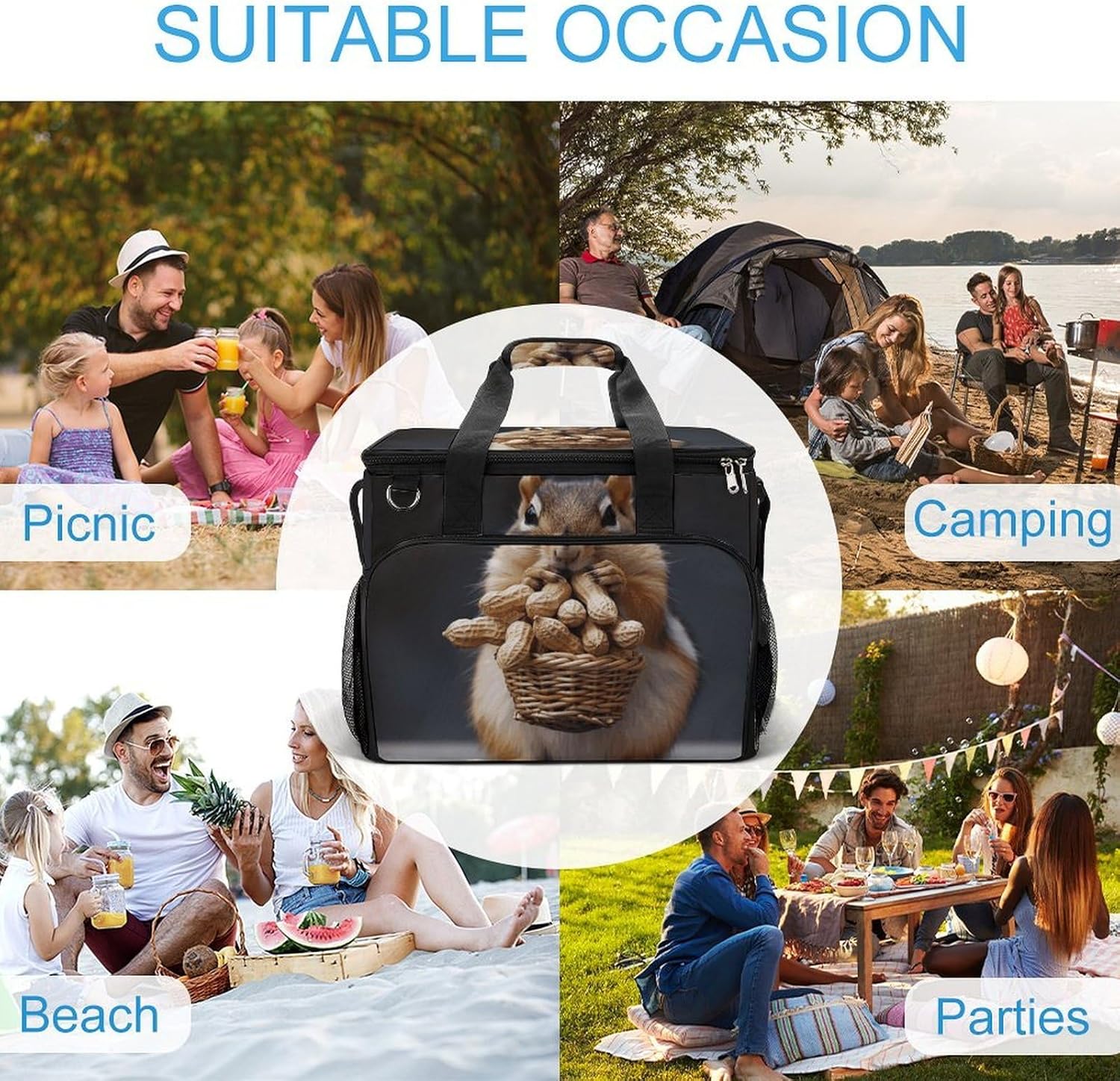 Insulated Picnic Backpack Tote Bag, Large Capacity 30L Squirrel and Peanut Cooler Bag Leakproof Beach Bags Portable Lunch Box Waterproof Picnic Basket for Beach Camping BBQ