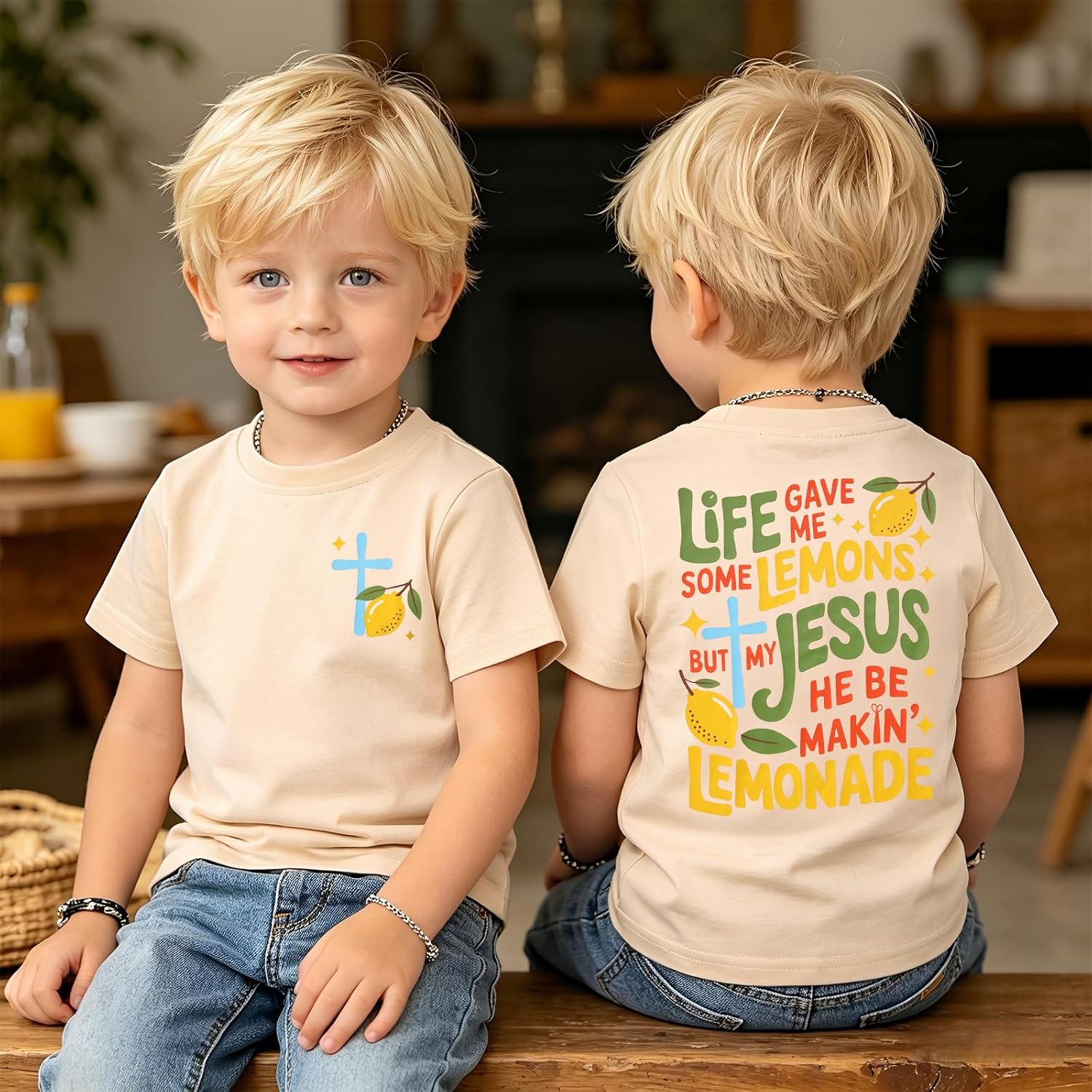 Toddler Boy Christian Shirt Jesus Lemonade T-Shirt Life Gave Me Lemons Faith Cross Tee Kids Religious Bible Verse Top
