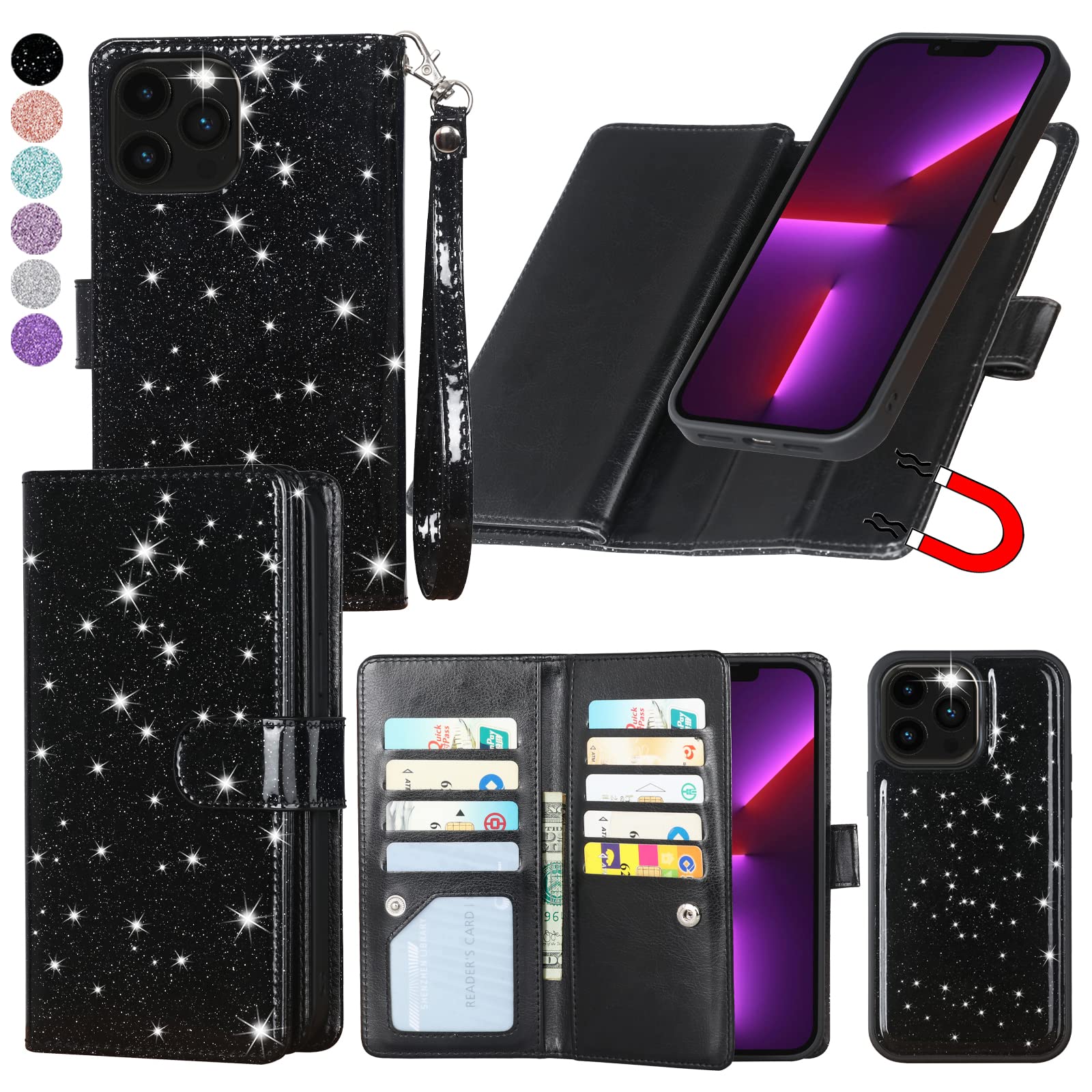 Varikke for iPhone 13 Pro Wallet Case, Detachable Magnetic Wallet Flip Cases with Card Holder & Kickstand & Wristlet, Glitter PU Leather Phone Cover Fits iPhone 13 Pro 6.1“ for Women Men, Black