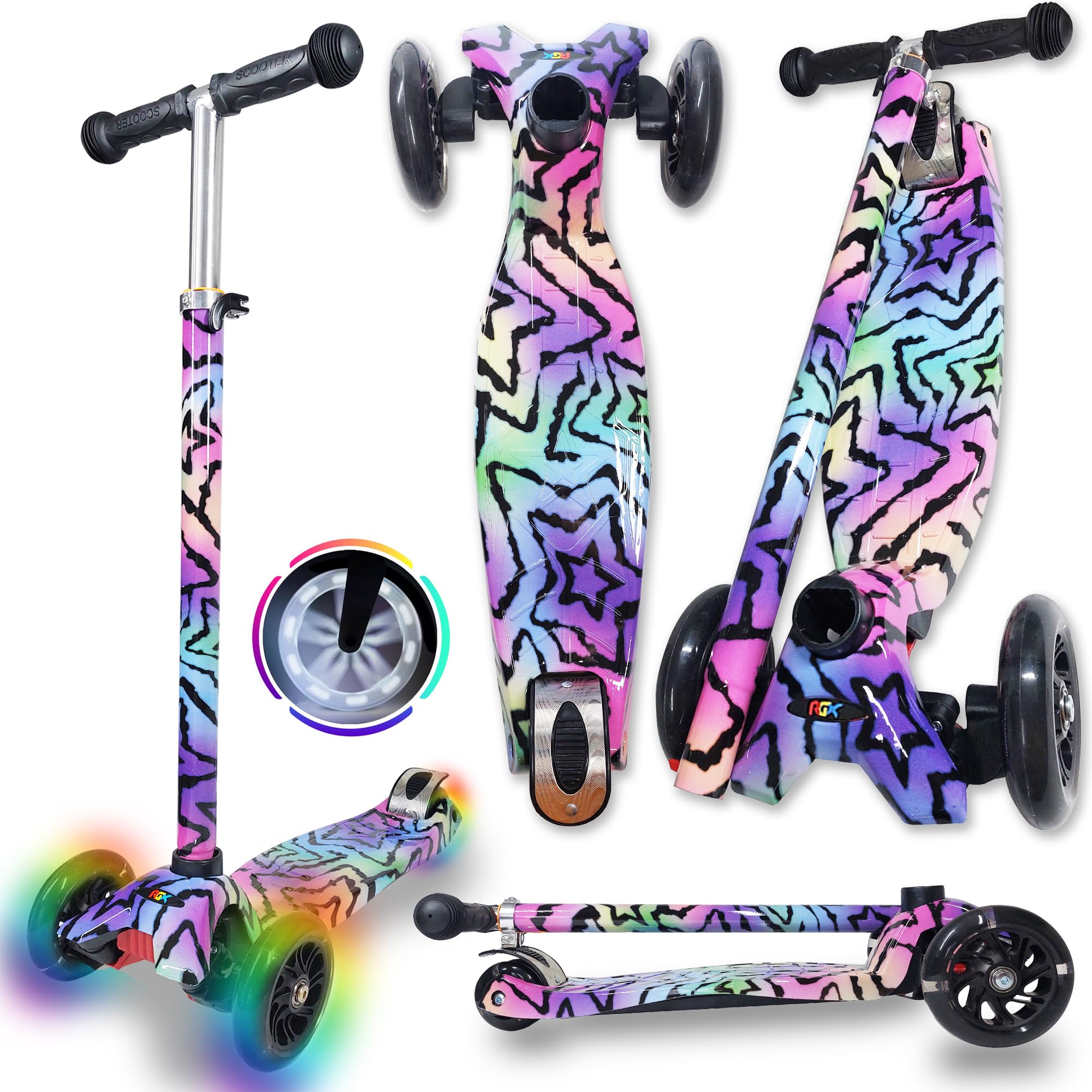 Patinete Infantil WeLLIFE RGX De 3 Ruedas Con Luces LED – Manillar Ajustable En 4 Alturas (65-88 Cm) – Para Niños De 3 A 12 Años – Freno ABS Y Diseño Estable