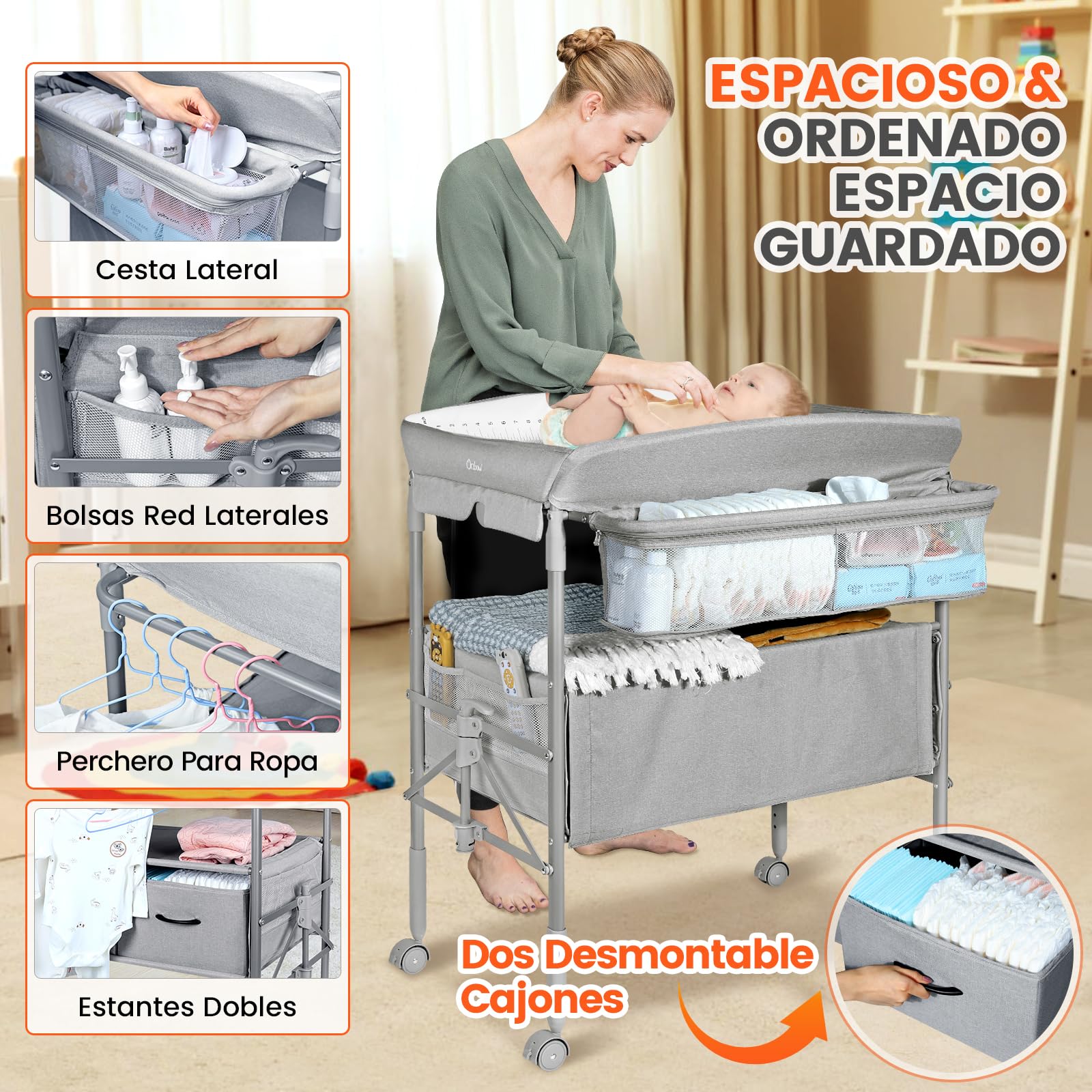 Cambiador Bebe Mueble con Luz Nocturna y Cajones, Mueble Cambiador Bebe Portatil de Altura Ajustable con Correa de Seguridad, Espacio de Almacenaje Extra Grande, Móvil Cómoda Cambiador Bebe, Gris