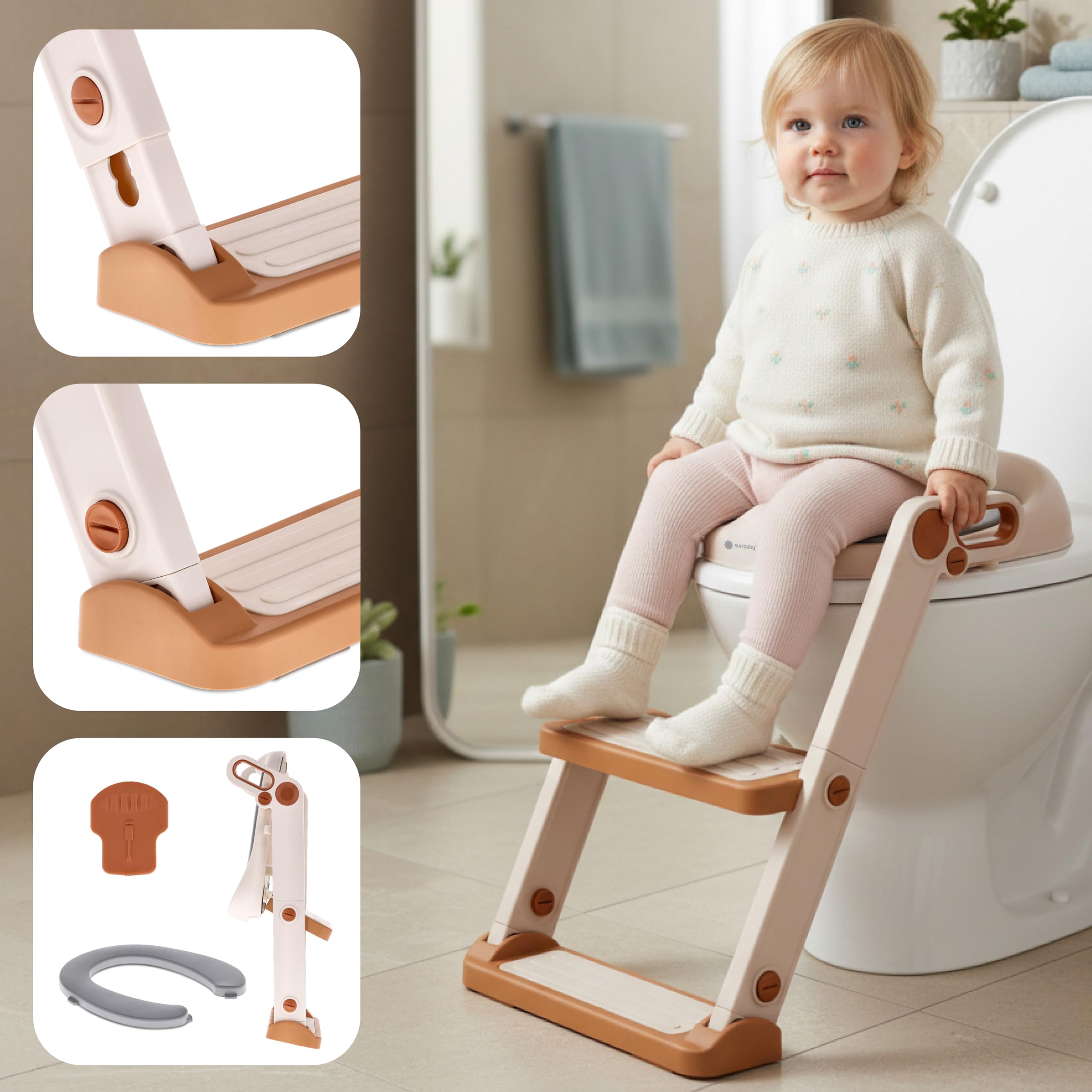 sun baby Nakładka na sedes z drabinką dla dzieci - 18-36 miesięcy, do 15 kg - antypoślizgowa, z uchwytami, 3-stopniowa regulacja (51-58 cm), 2-stopniowa drabinka, deska sedesowa - Biało-Złota