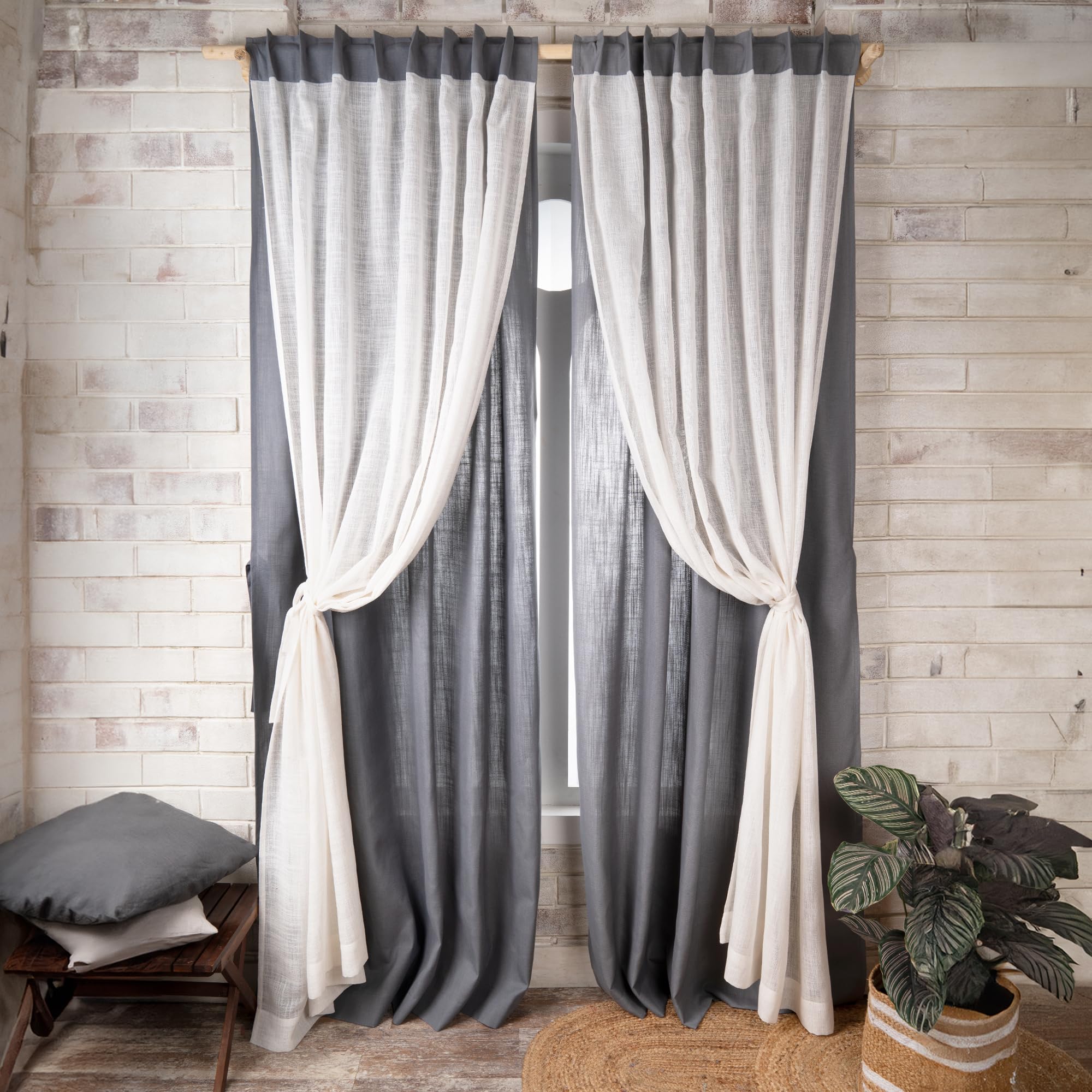 D'Moksha HomesDouble Layered Curtains, Grey Curtains with White Sheer Overlay, 52 X 108 Inch 1 Panel, Rod Pocket Back Tab Curtains, Faux Linen Curtains 108 Inches Long, Easy Care Machine Washable