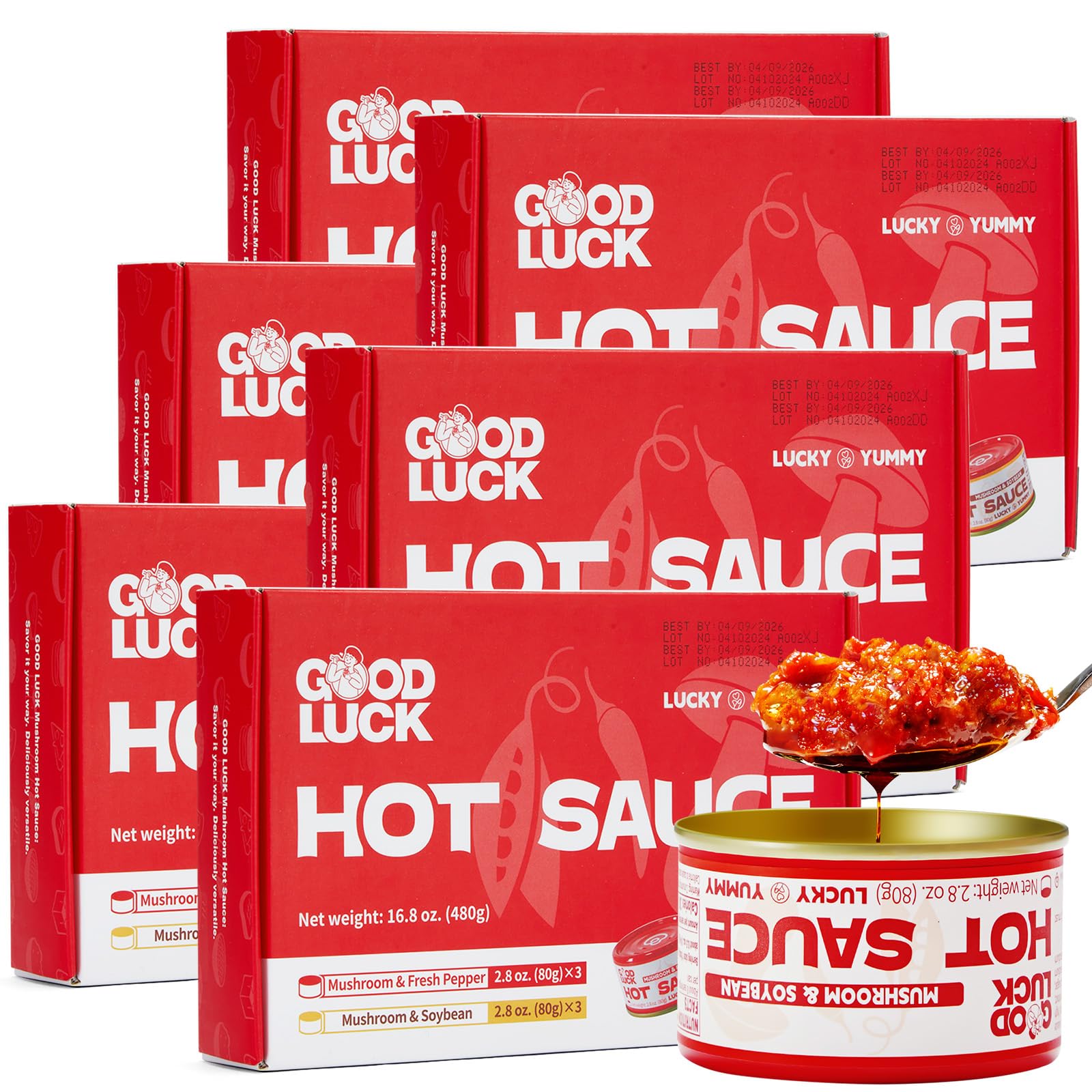 GOOD LUCK Mushroom Hot Sauce, Spicy Chili Oil and Chili Paste with High-Grade Instant Mushroom Sauce, Chopped Chili Sauce,resh Pepper,Soybean,Garlic, 36 Cans,2 Flavors