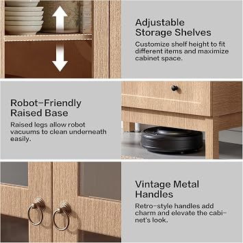 71 Tall Arched Kitchen Pantry, Storage Cabinet with Glass Doors, 2 Large Drawers & 3 Adjustable Shelves, Modern Farmhouse Design for Home Kitchens, Small Homes & Apartments