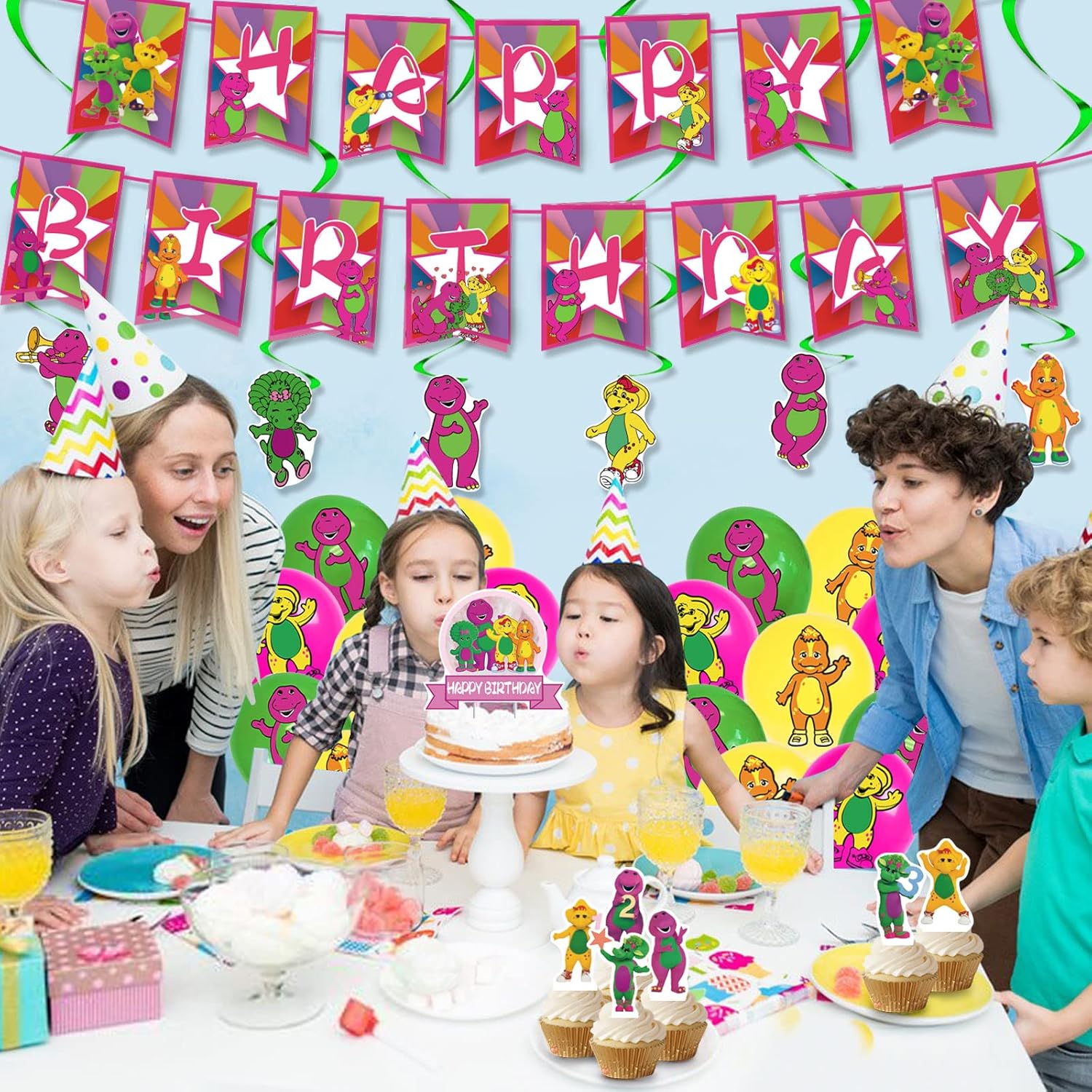 Barney Birthday Party Decoration, Include Barney Happy Birthday Banner, Hanging Swirls, Cake Topper, Latex Balloons, for Barney and Friends Theme Kids Party Supplies