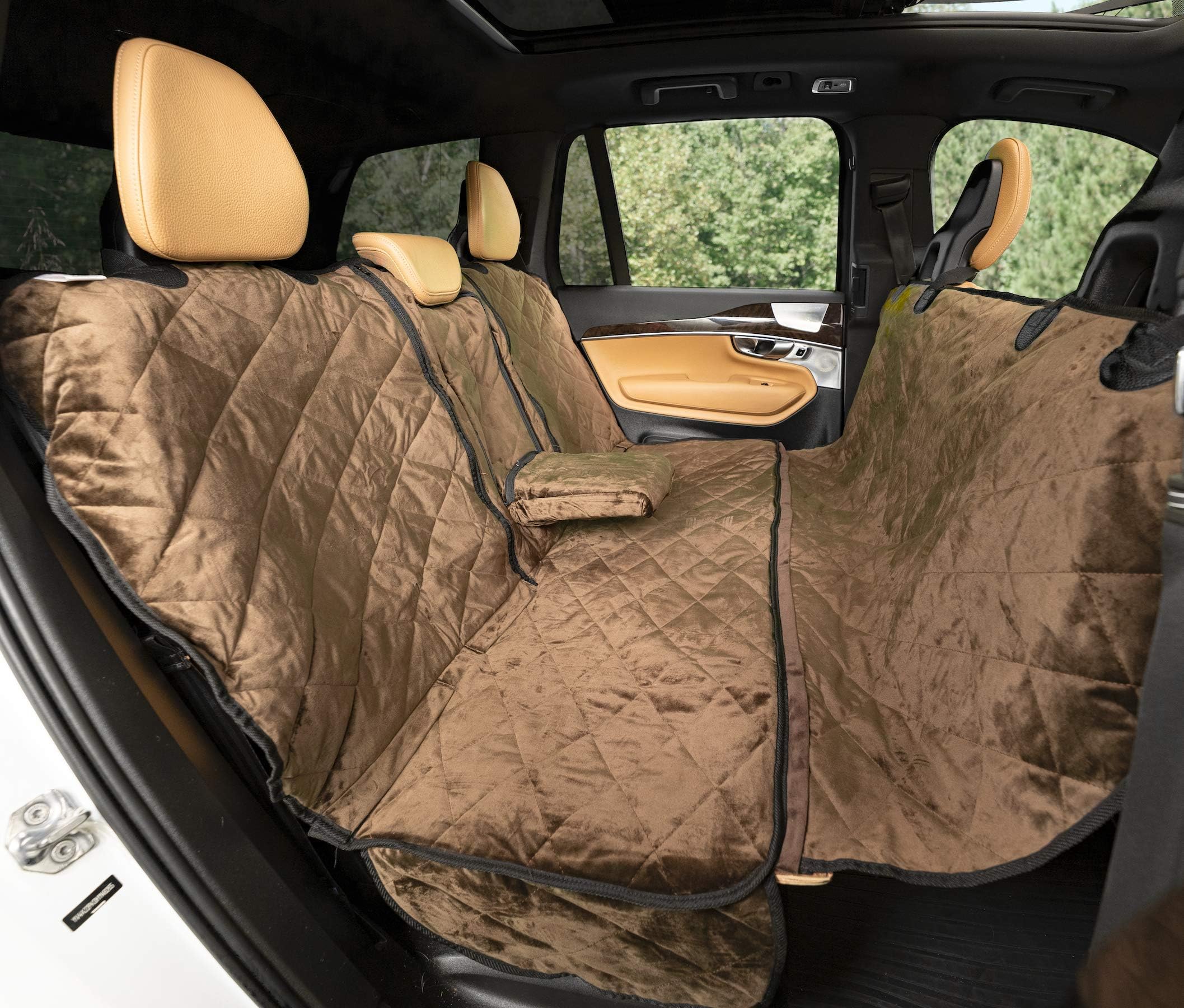 Plush Paws Products Velvet Convertible Rear Seat Cover | Durable Diamond Stitching | Washable & Waterproof Back Seat Cover | Car, Truck & SUV | Nonslip, Tear Resistant Protection | X-Large Chocolate