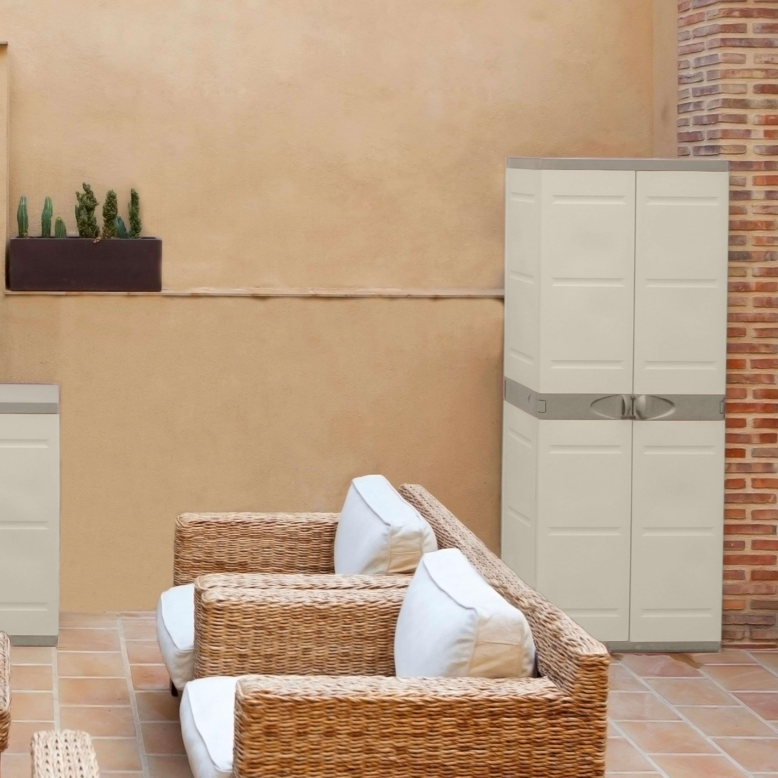 Miroytengo Armario Escobero de Jardín Titanium, Armario Resina 2 Puertas 4 Estantes Regulables Beige 70x176x41 cm