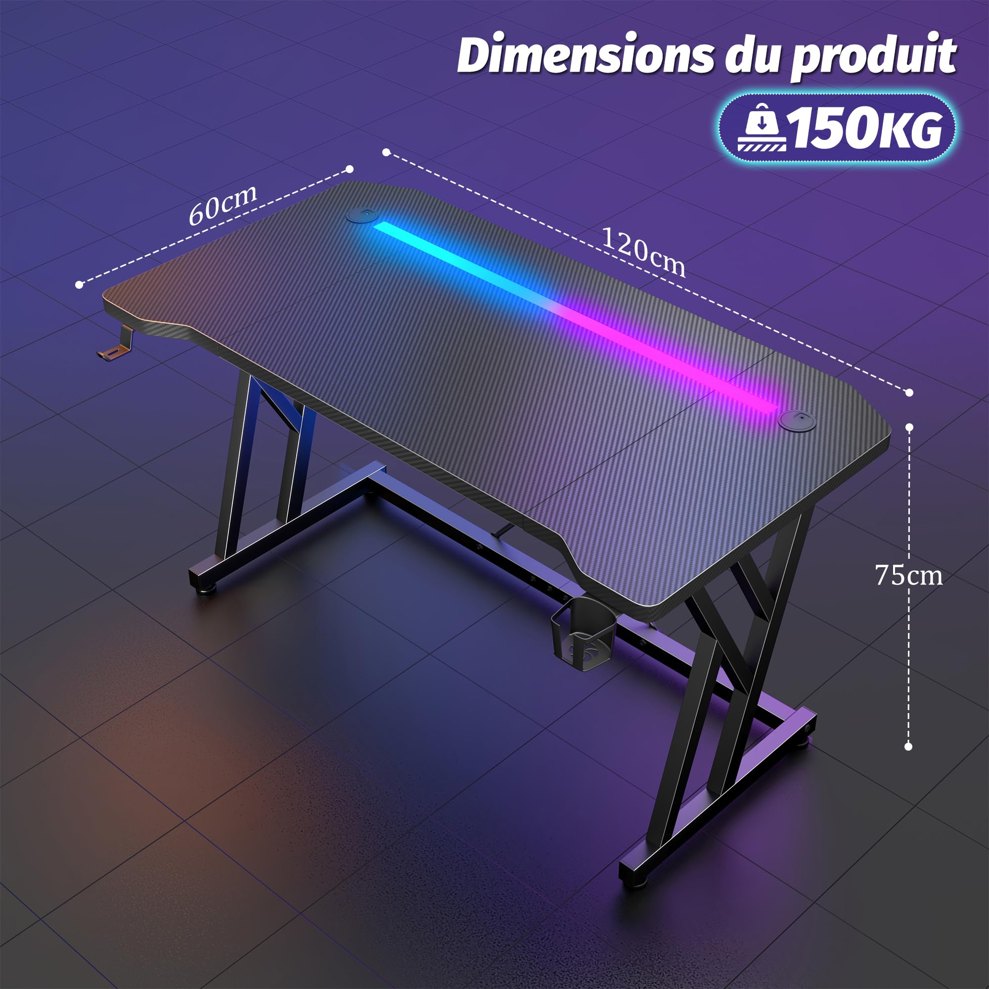 120 x 60 x 75 cm Bureau Gaming LED, Structure Double Z Stable