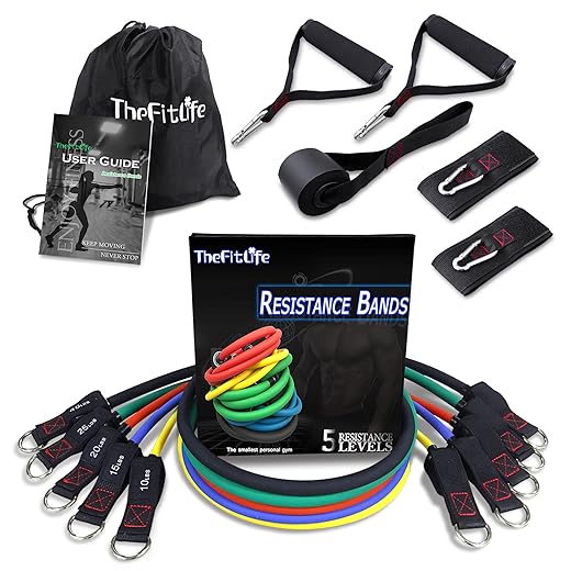 TheFitLife Exercise Resistance Bands with Handles - 5 Fitness Workout Bands Stackable up to 110/150/200/250/300 lbs, Training Tubes with Large Handles, Ankle Straps, Door Anchor, Carry Bag