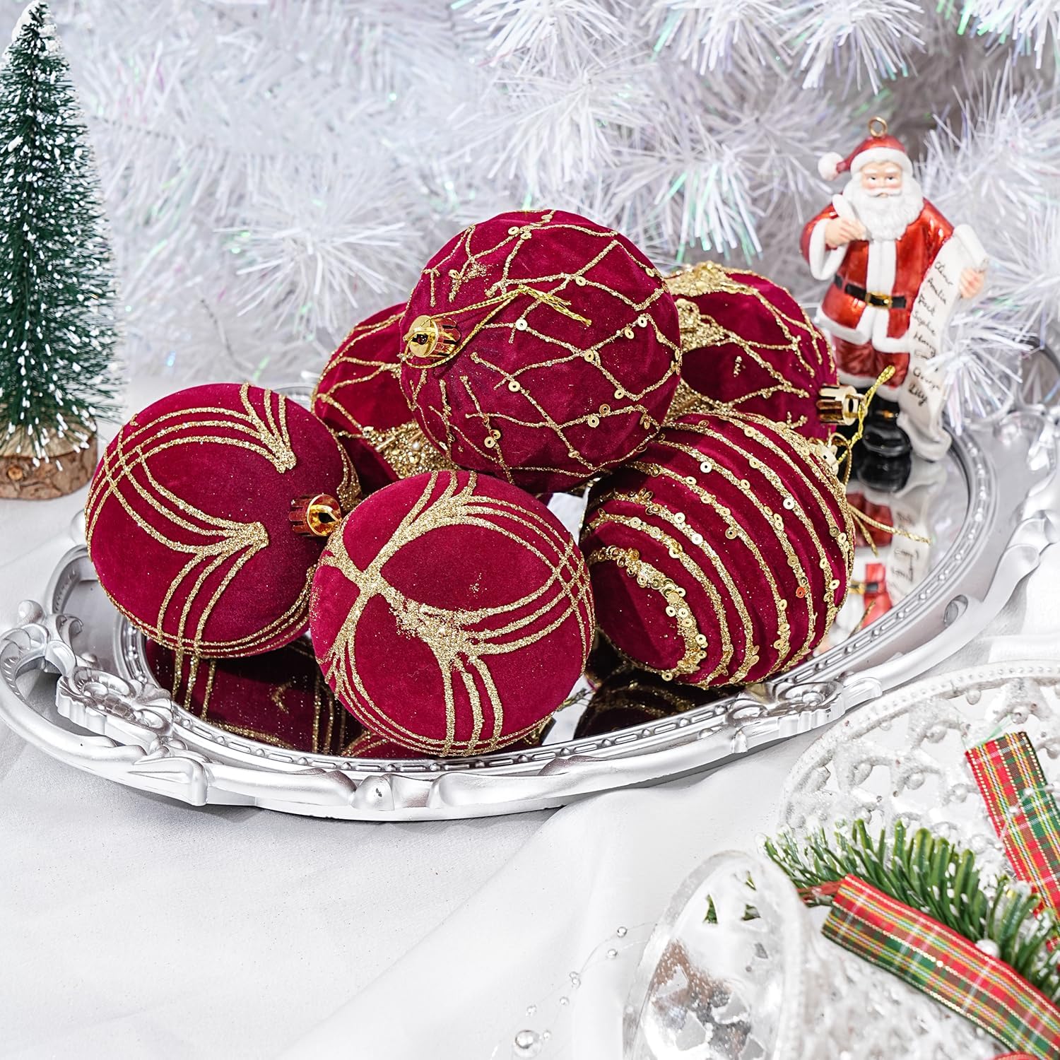 12pcs Velvet Ornaments for Christmas Tree, 3.15'' Large Flocked Xmas Tree Ornaments Set, Bulk Christmas Ornament Pre-Strung, Hanging Paintied Balls for Christmas Tree Decorations, Burgundy - Image 3