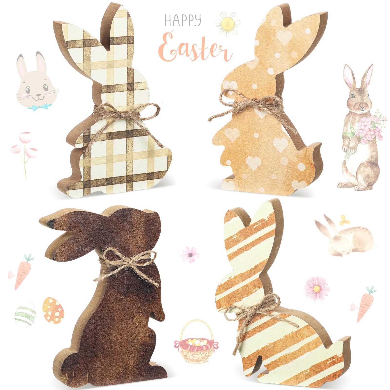 Spiareal 4 Pcs Easter Bunny Wooden Signs Tabletop Bunny Decor with Jute Rope Rabbit Shape Decorative Signs Freestanding Wood Bunnies Table Sign for Spring Easter Party Decorations (Brown Polka Dot)