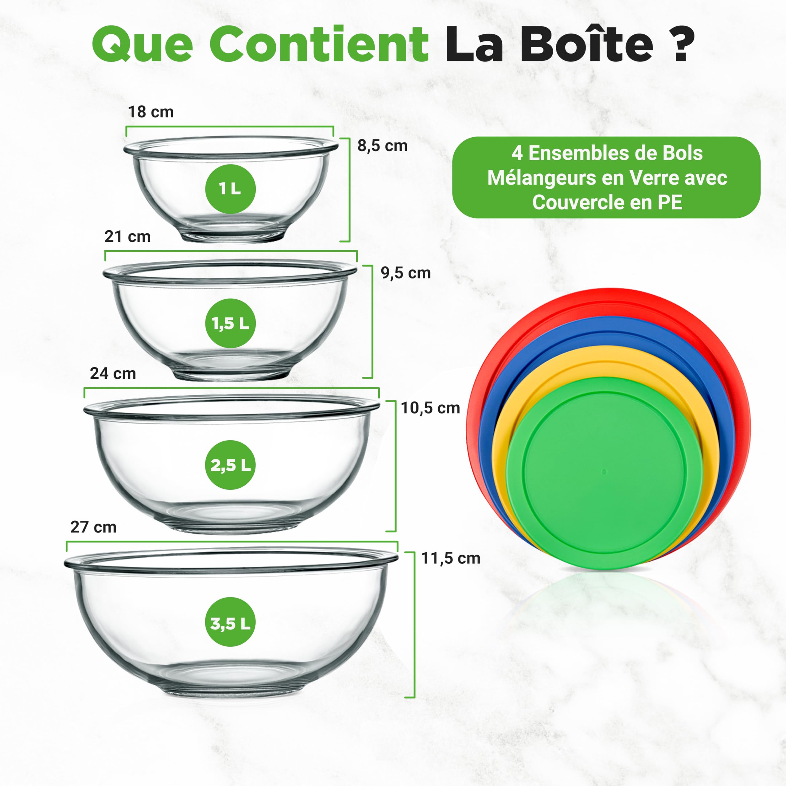 NutriChef Ensemble de 4 bols à salade avec couvercle | Bols à salade empilables (1 l, 1,6 l, 2,5 l & 3,7 l) pour stockage & préparation | Compatible lave-vaisselle, congélateur & micro-ondes