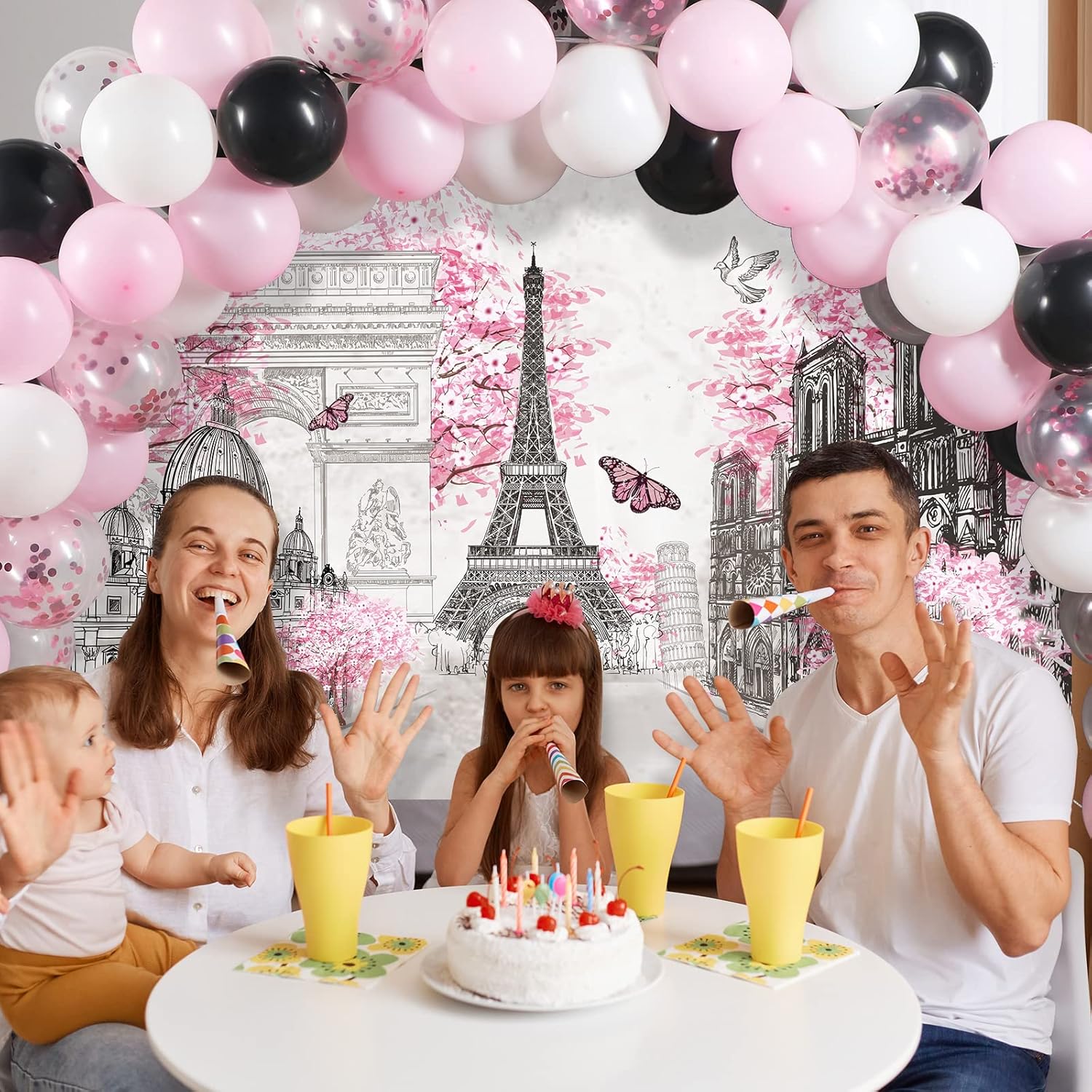 Sumind 76 Pcs Paris Party Supplies Set Pink Paris Theme Party Decoration Eiffel Tower Backdrop White Pink Black Balloon Arch Garland Kit for Kid Boy Girl Birthday Decoration